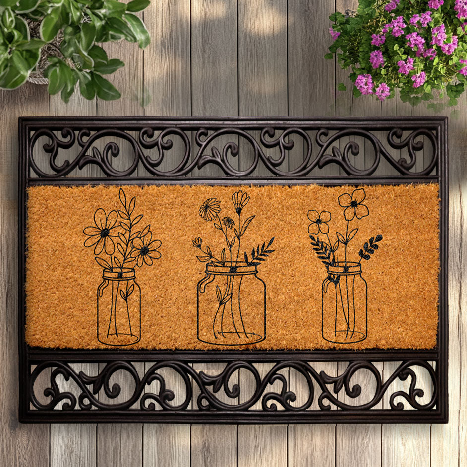 Rustic Farmhouse Floral Jar Coir Doormat, Flower Bouquets Entry Mat