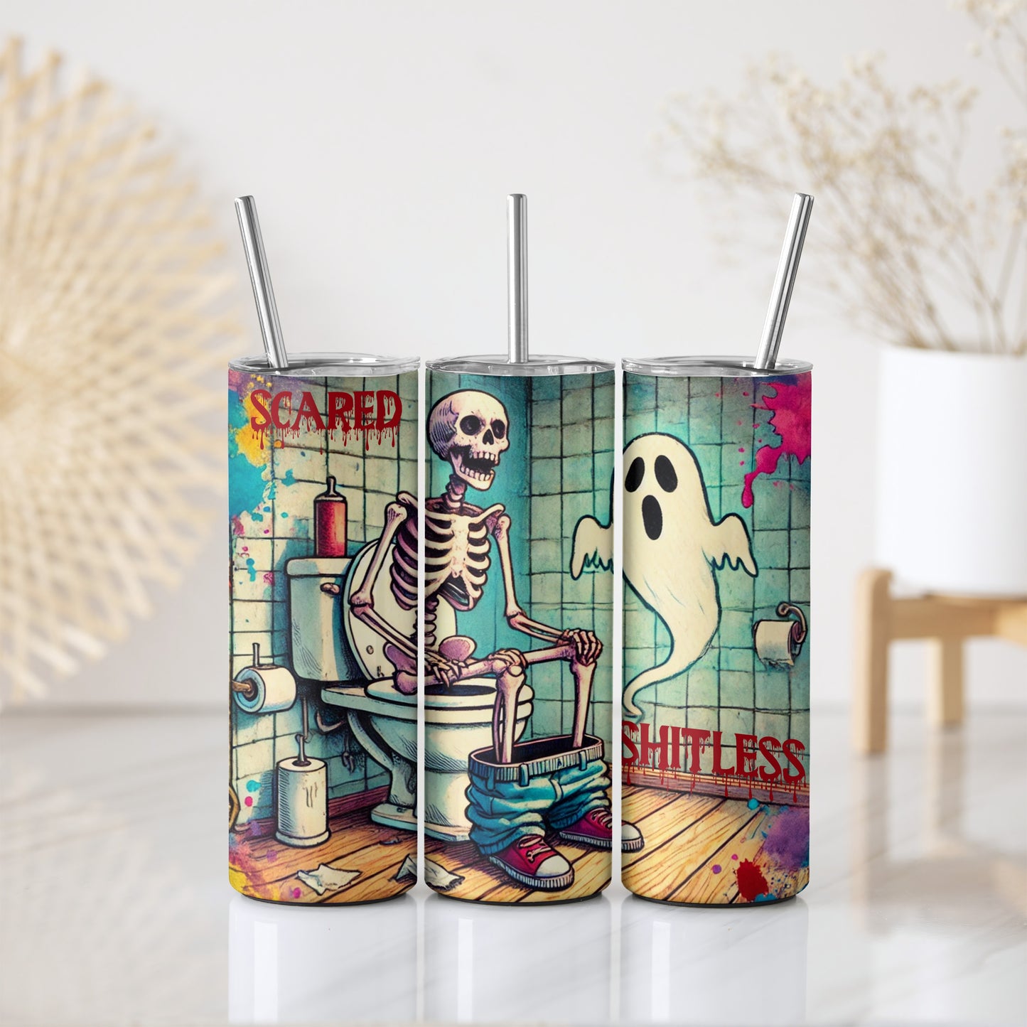 Skeleton on Toilet Tumbler, Adult Humor Halloween Stainless Steel Cup