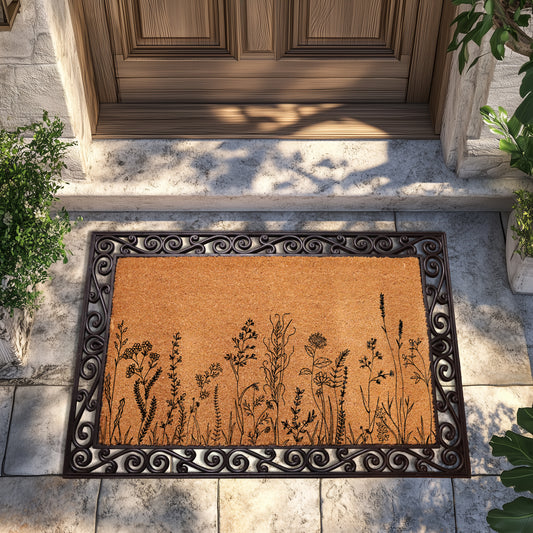 Rustic Floral Welcome Mat, Cottagecore Plant Lover's Doormat for Home