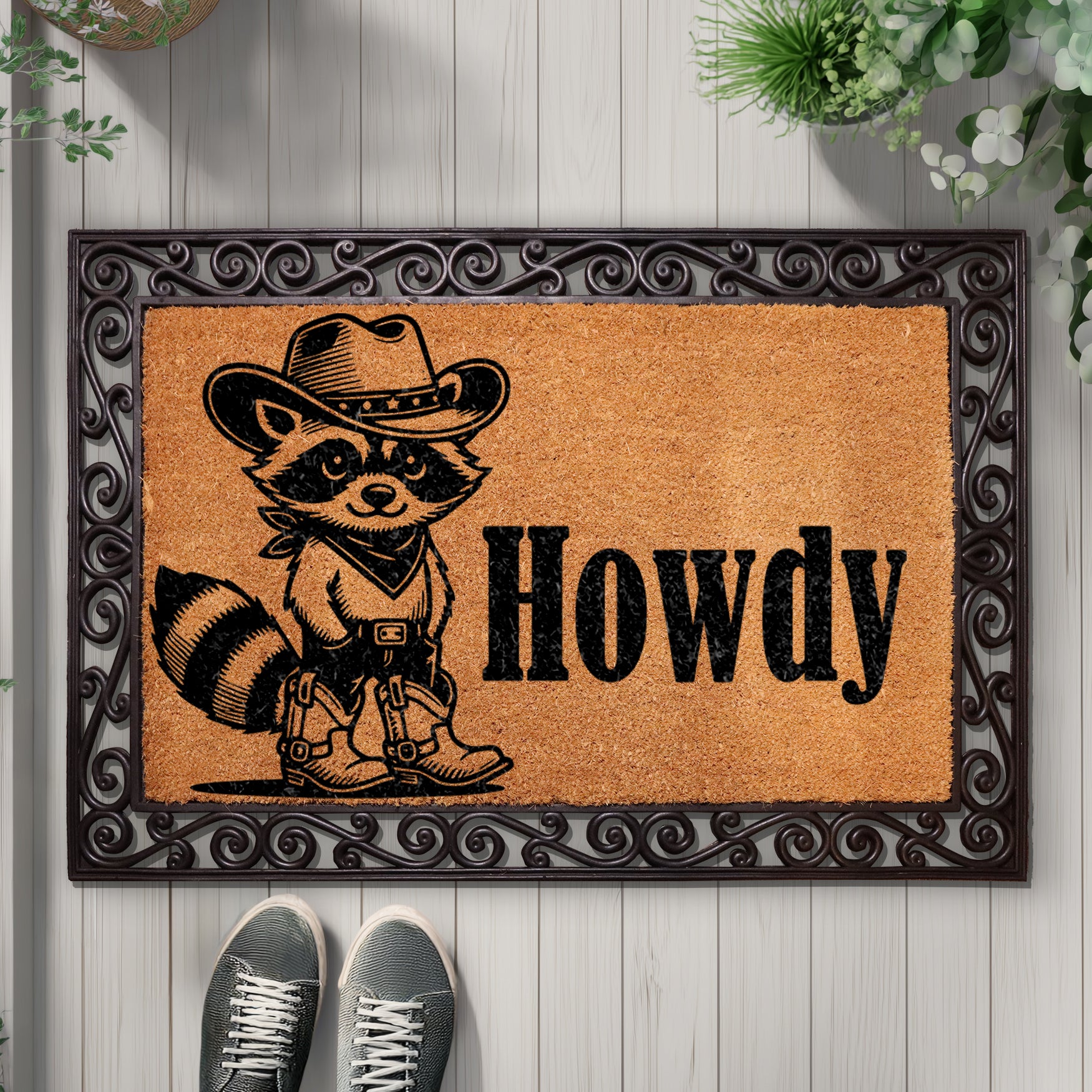 Western Animal Door Mat: Rustic Farmhouse Charm, Cowboy Raccoon Welcome