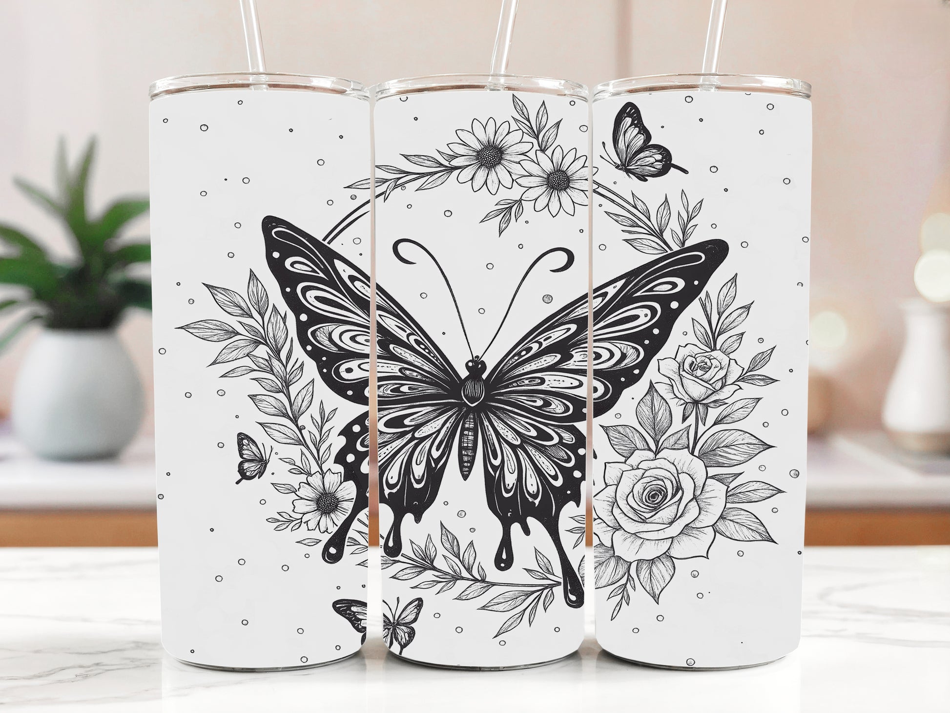 Stainless Steel Tumbler, Black White Floral Design, Insulated Botanical Sketch