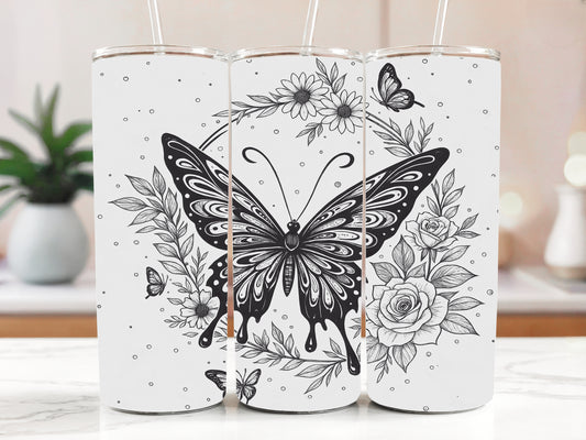 Stainless Steel Tumbler, Black White Floral Design, Insulated Botanical Sketch