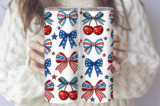Independence Day Stainless Steel Tumblers, Patriotic Bows with Straw