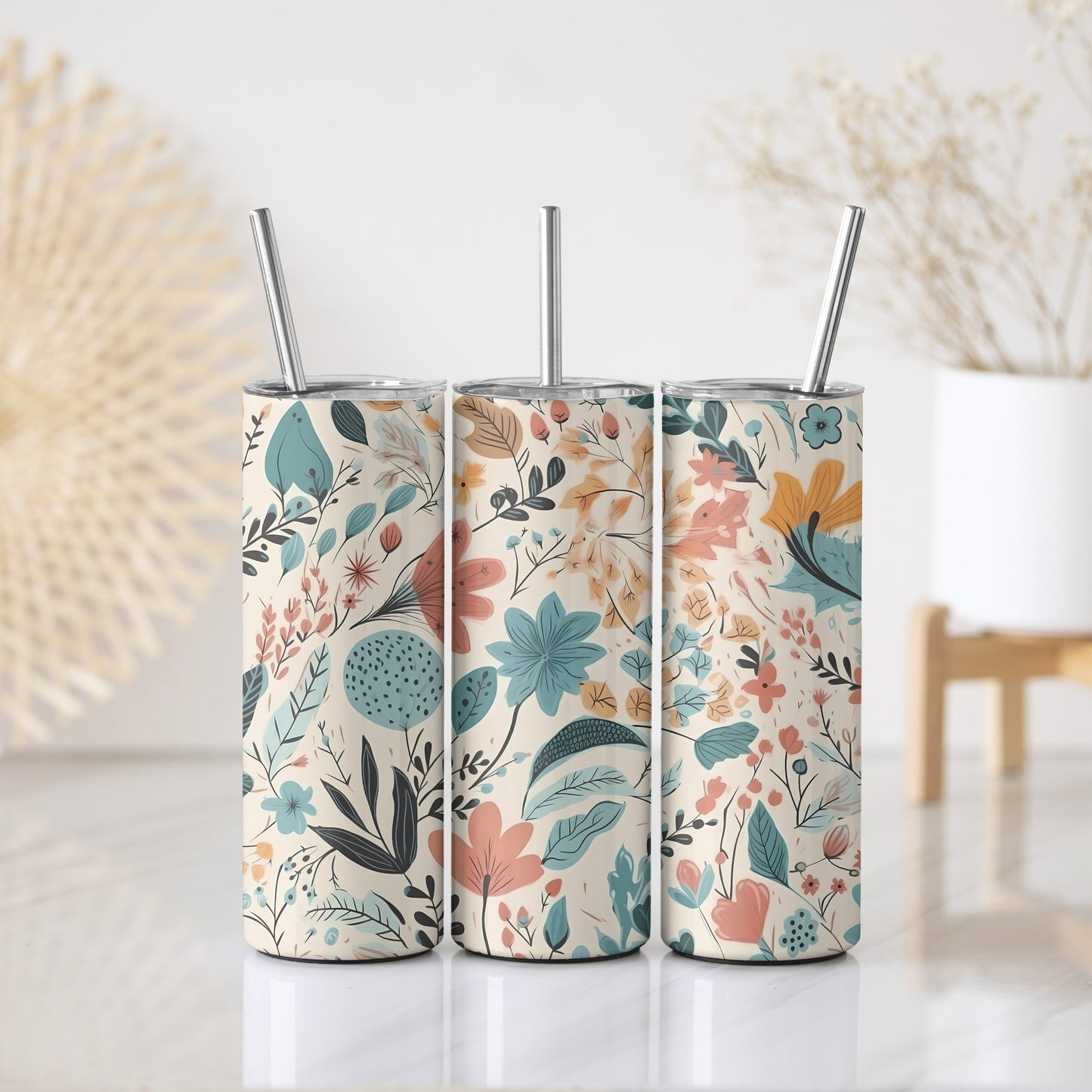 Chic Stainless Steel Tumbler, Delicate Floral Design, Insulated Office Cup