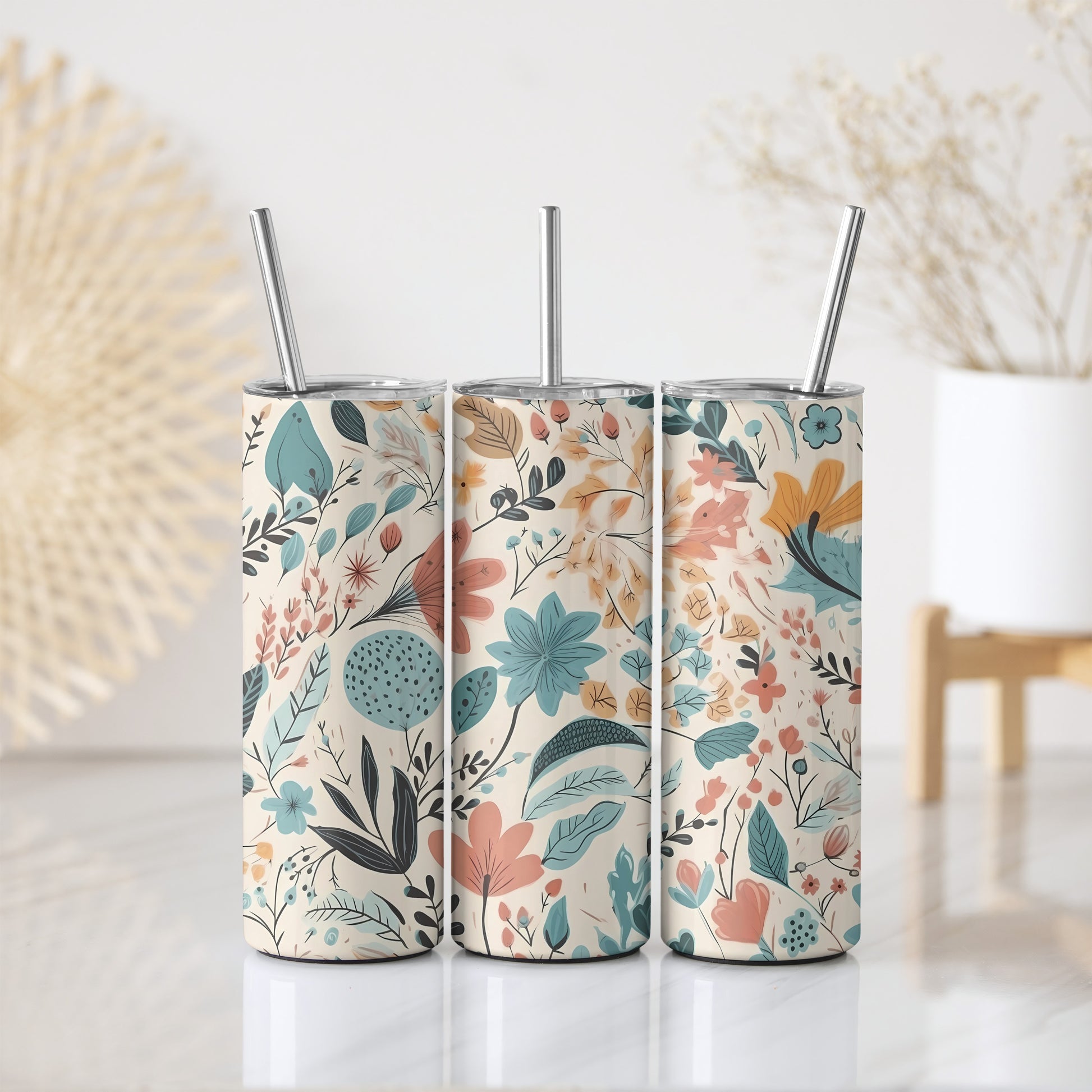 Chic Stainless Steel Tumbler, Delicate Floral Design, Insulated Office Cup