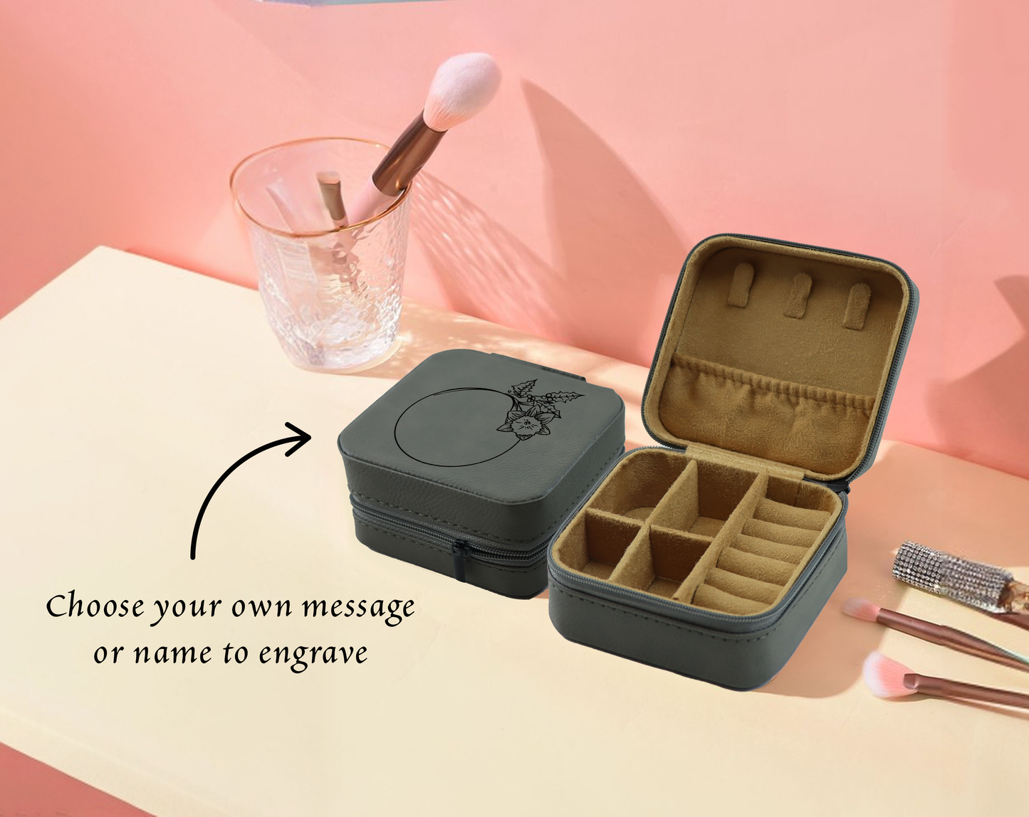 Personalized Leather Jewelry Case with Flower Design, Ideal Bridesmaid Gift