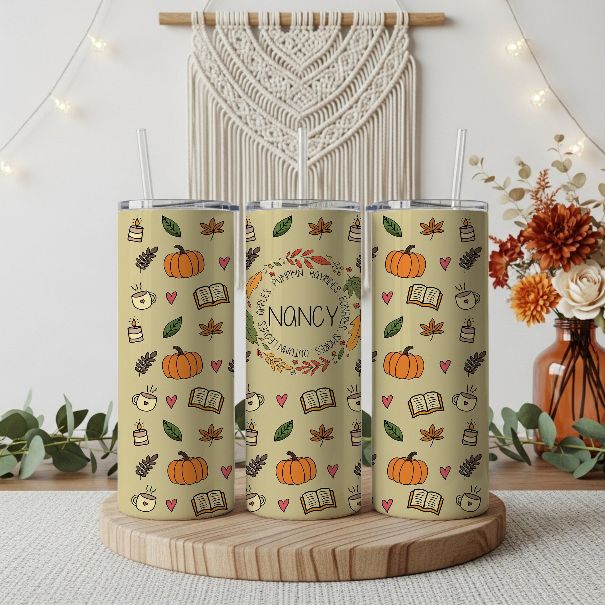 Cozy Fall Theme Tumbler: Pumpkins, Books Pattern, Autumn Lovers Gift