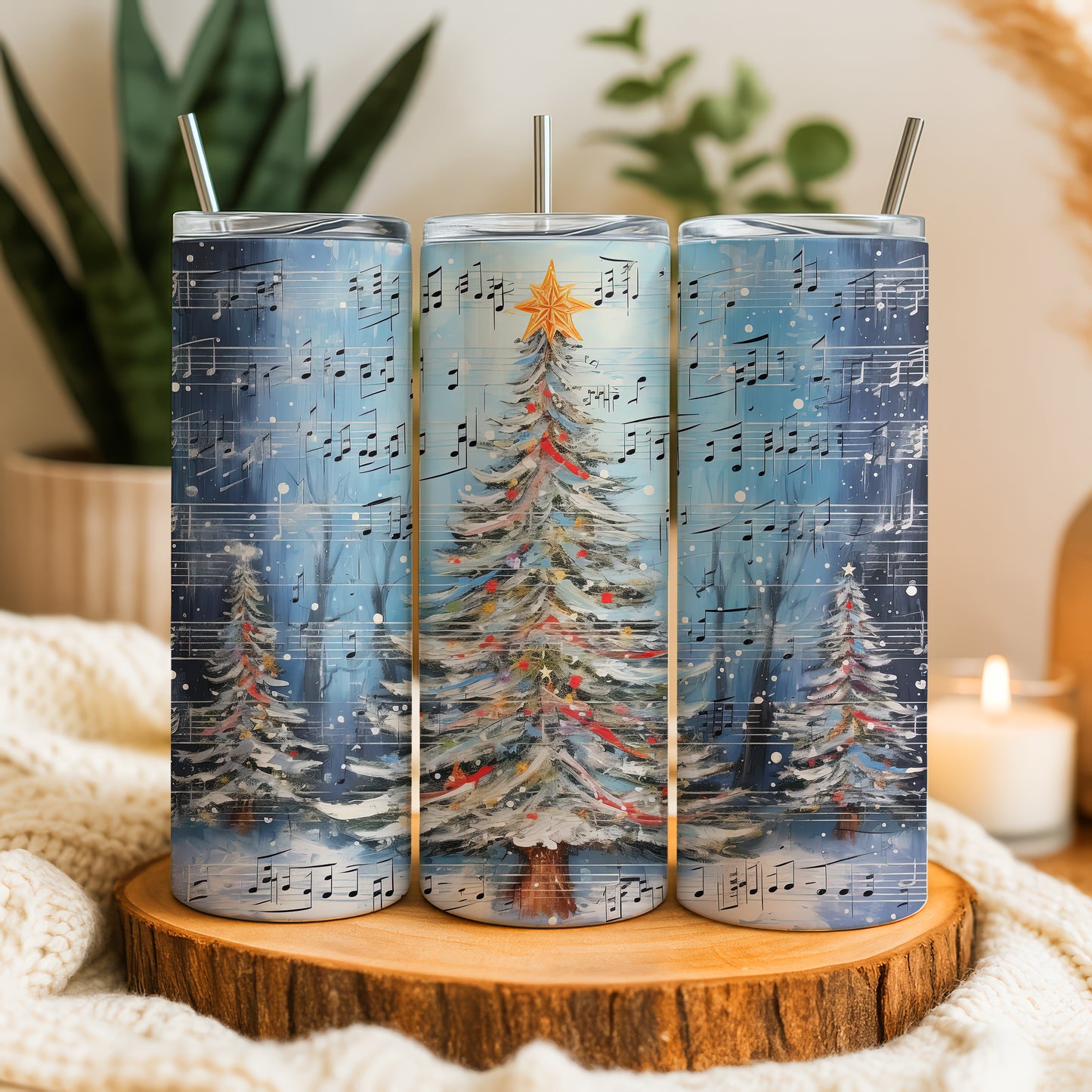 Festive Music Notes Tumbler: Snowy Trees, Golden Star Ornament Design