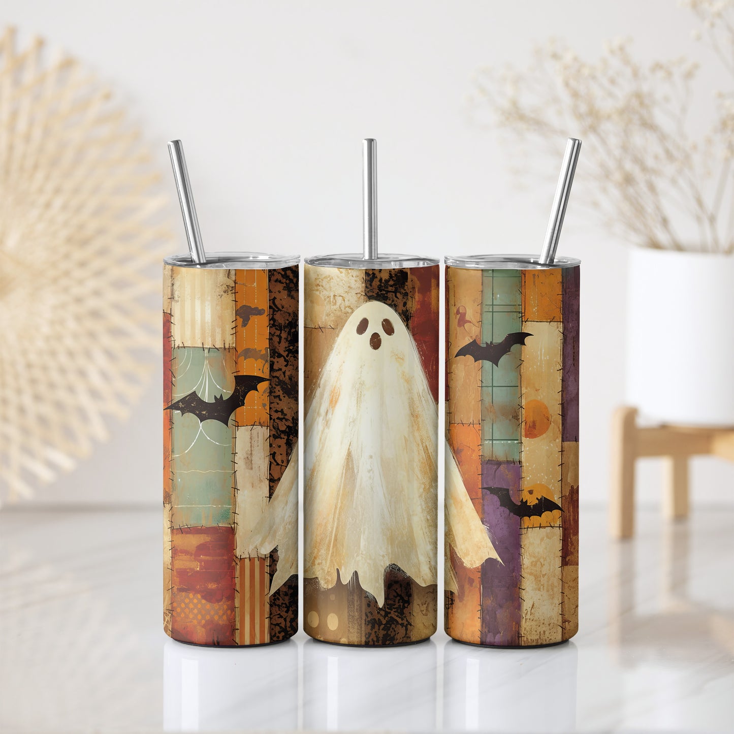Spooky Ghost Tumbler, Vintage Halloween Insulated Coffee Cup with Bats