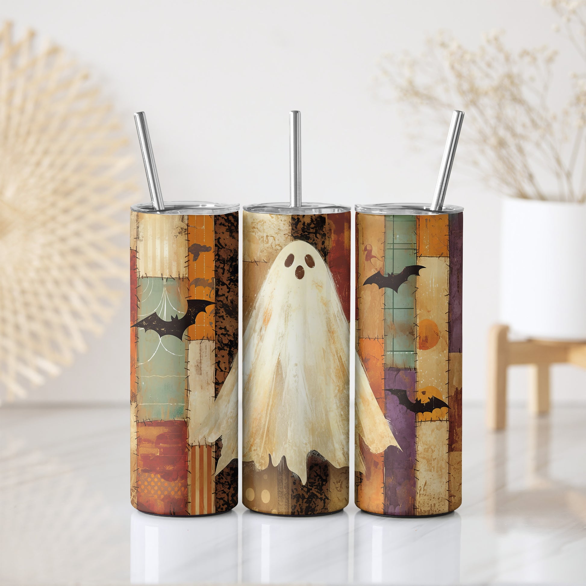 Spooky Ghost Tumbler, Vintage Halloween Insulated Coffee Cup with Bats