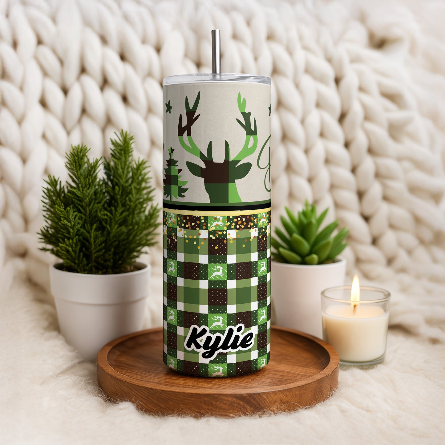 Custom Deer Christmas Tumbler, Plaid Family Holiday Coffee Cup
