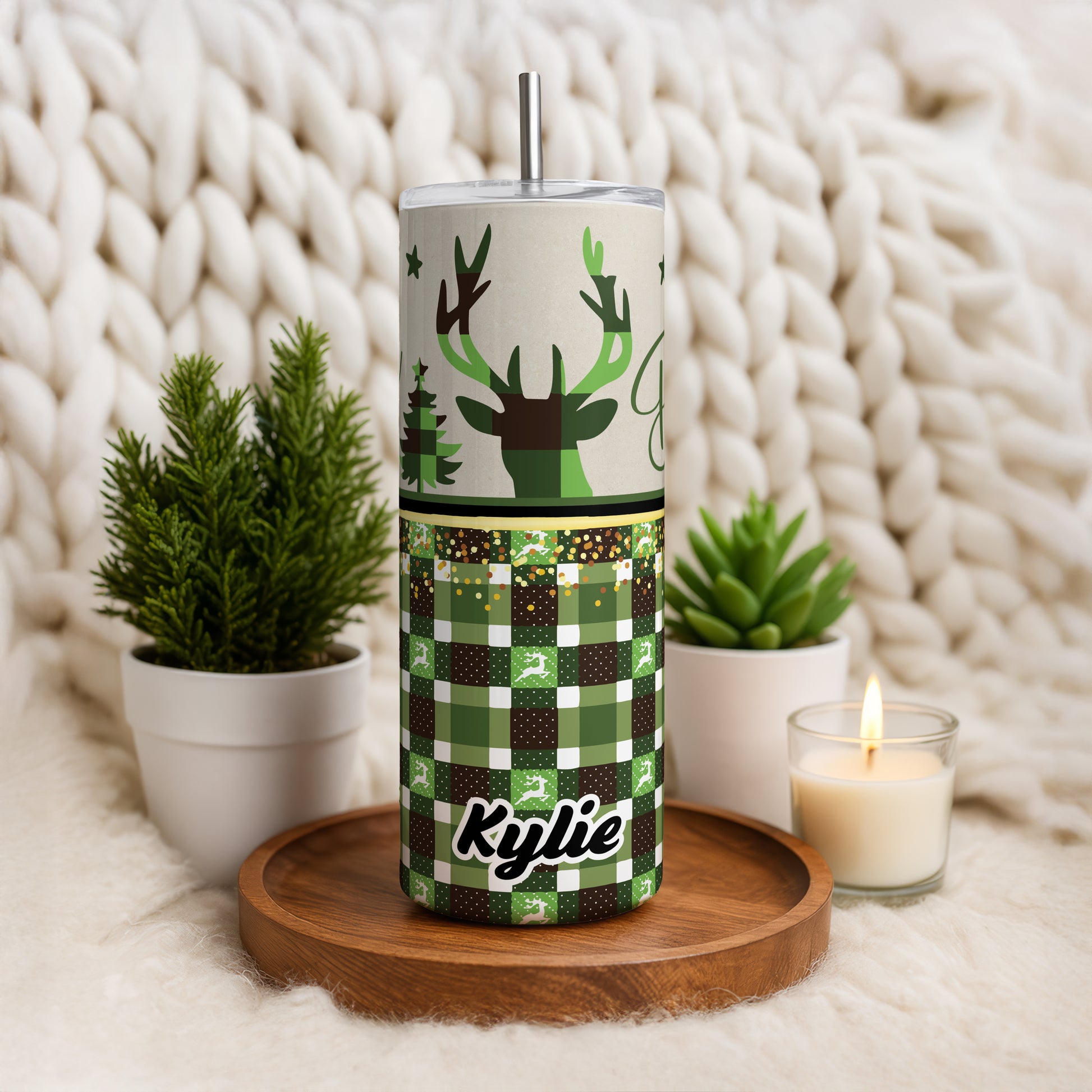 Custom Deer Christmas Tumbler, Plaid Family Holiday Coffee Cup