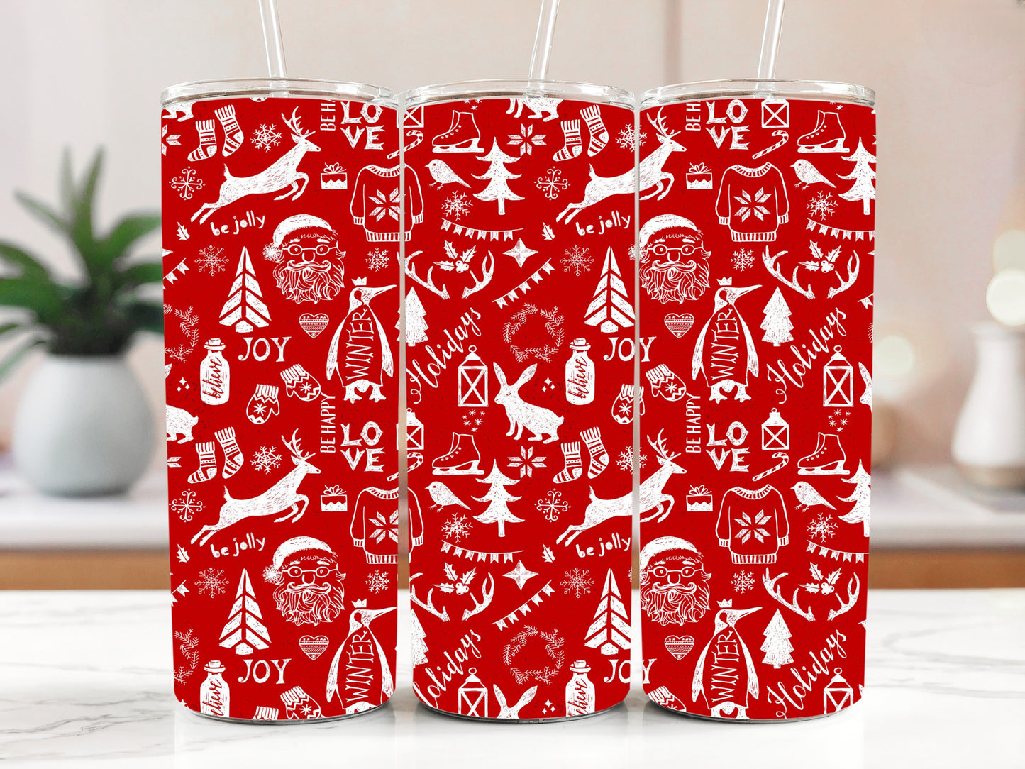Festive Kids' Water Bottle, Santa Reindeer Pattern Insulated Tumbler