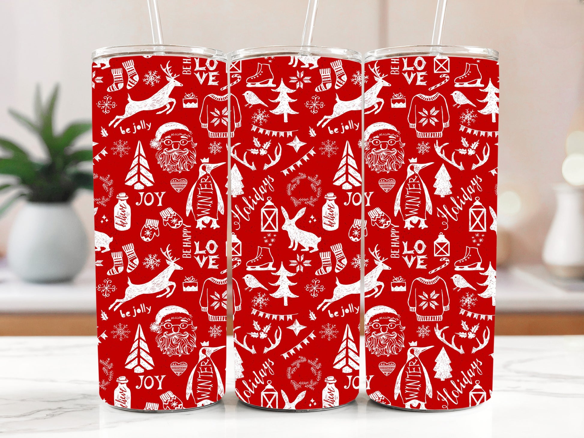 Festive Kids' Water Bottle, Santa Reindeer Pattern Insulated Tumbler