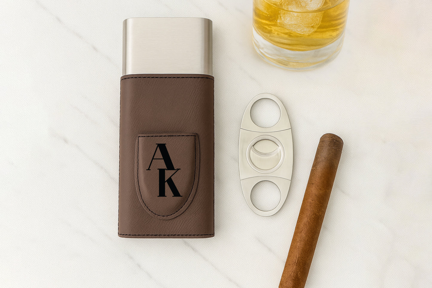 Personalized Vegan Leather Cigar Case with Cutter, Ideal Gift for Him