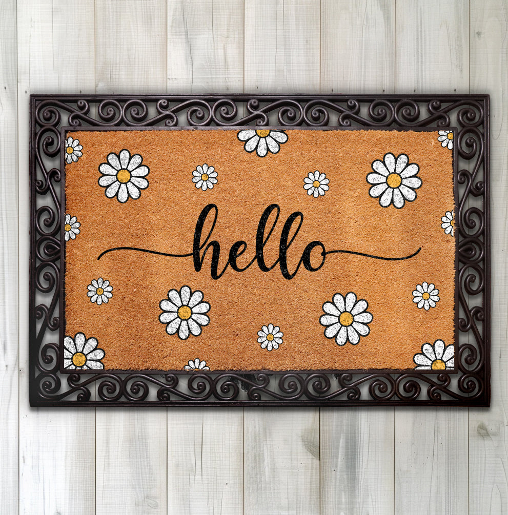 Cheerful Daisy Coir Doormat, Farmhouse Rustic Flower Welcome Mat