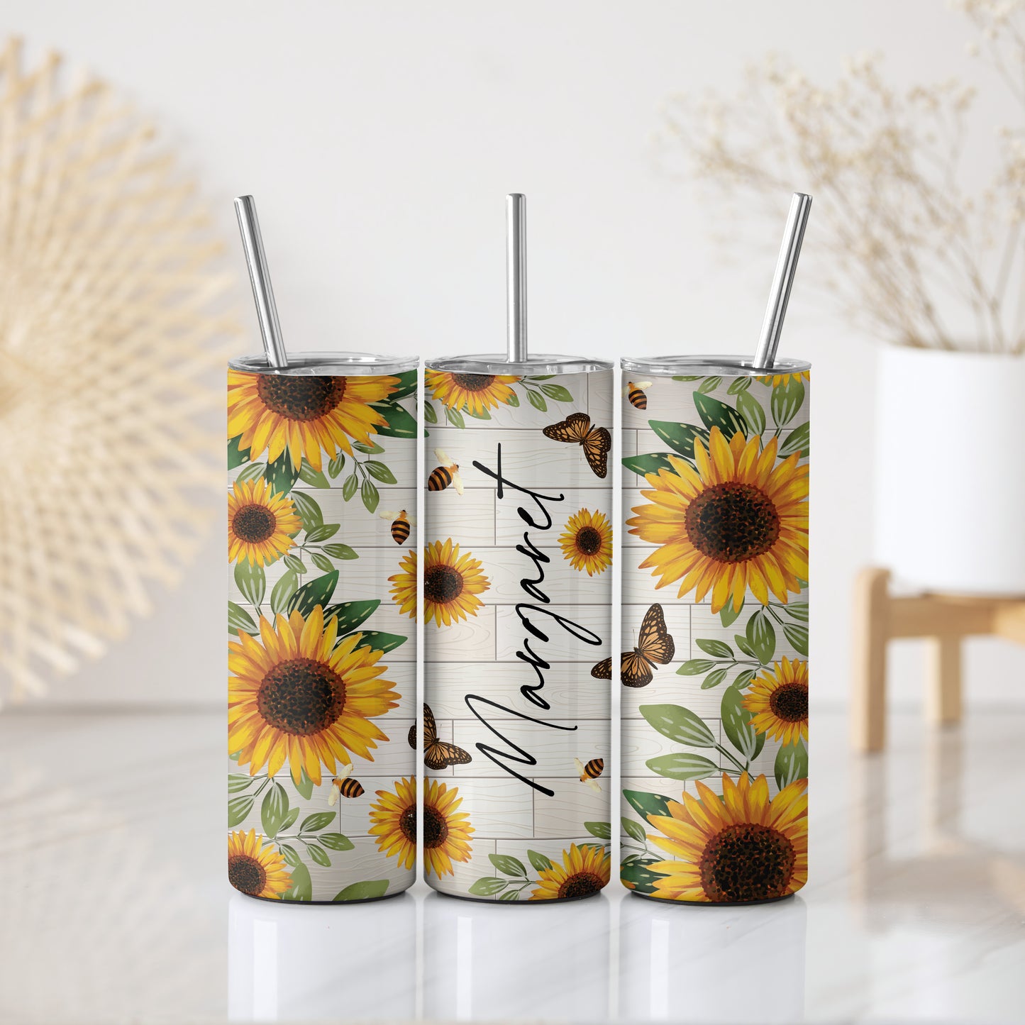 Custom Sun Flower Steel Mug, Insulated Tumbler, Name Water Bottle