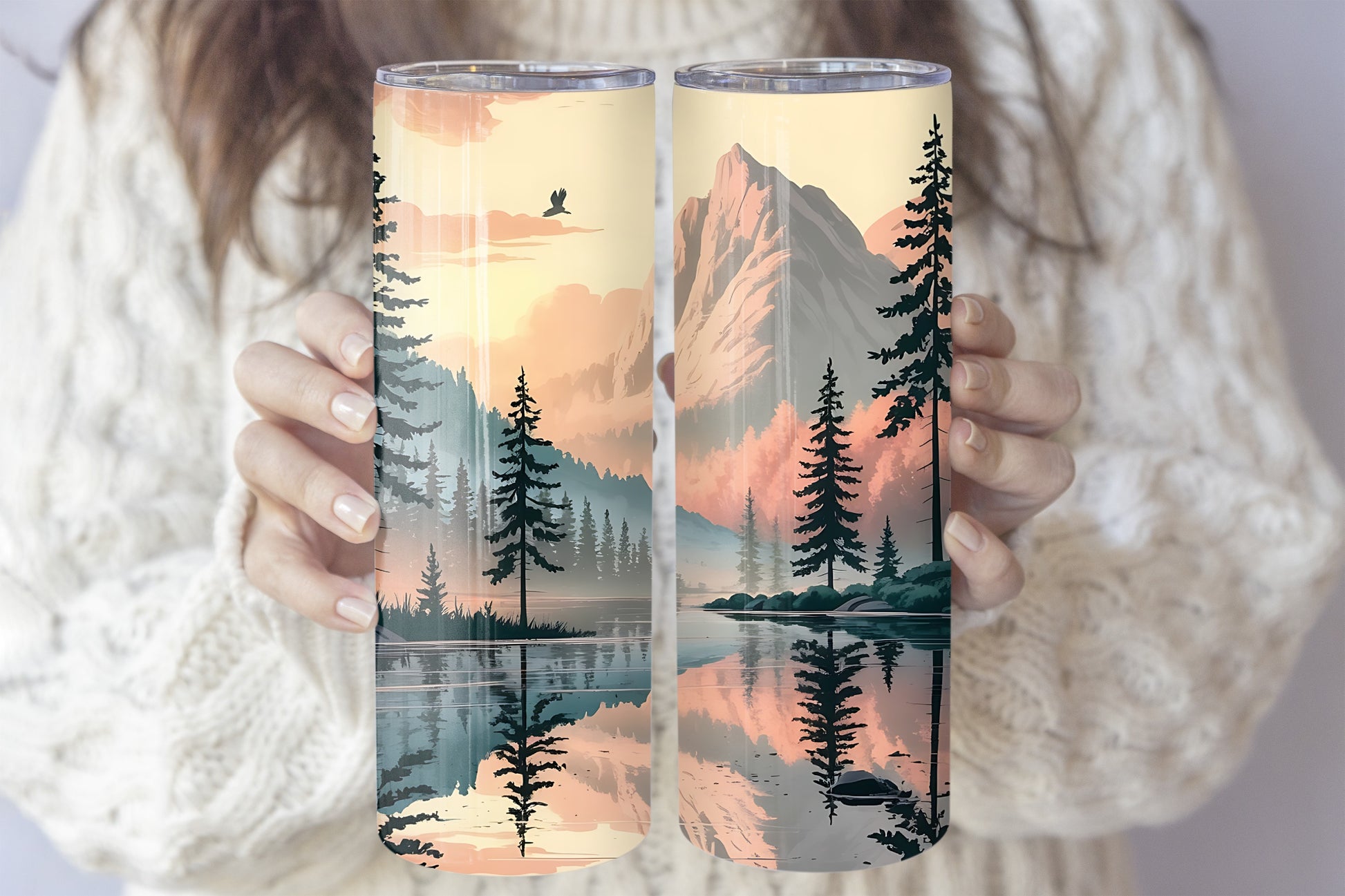 Explore Wilderness with Mountain Lake View Tumbler, Vibrant Colors