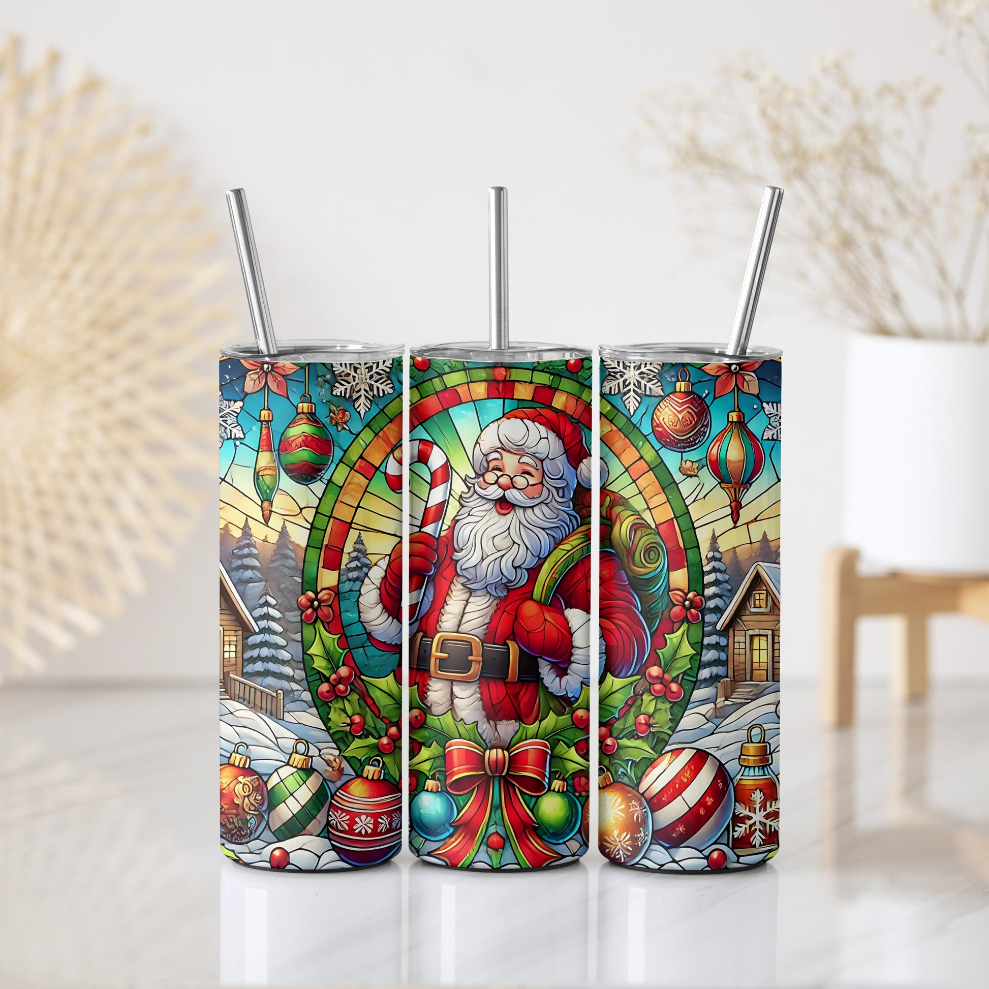 Festive Stained Glass Santa Clause Tumbler, Colorful Insulated Coquette