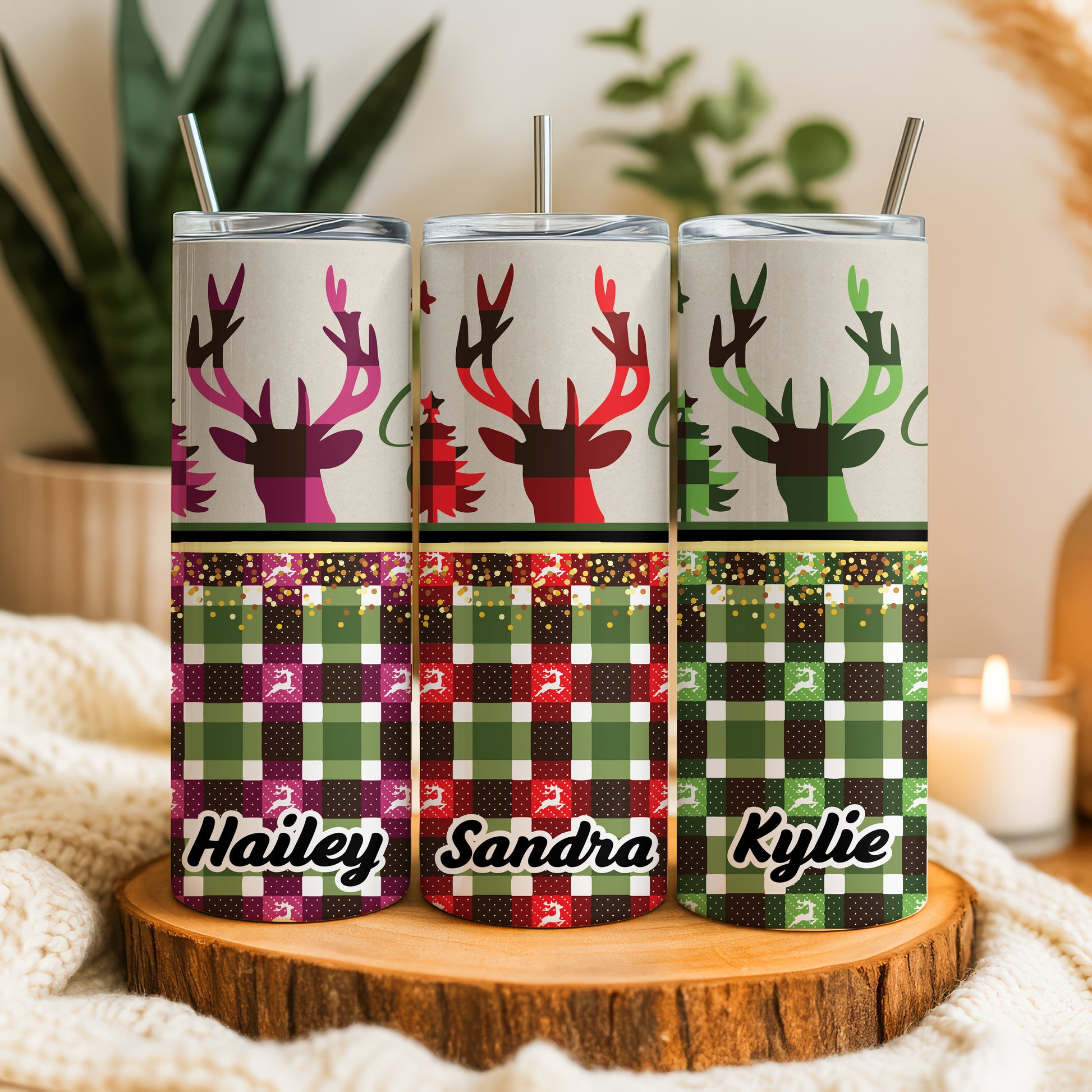 Custom Deer Christmas Tumbler, Plaid Family Holiday Coffee Cup