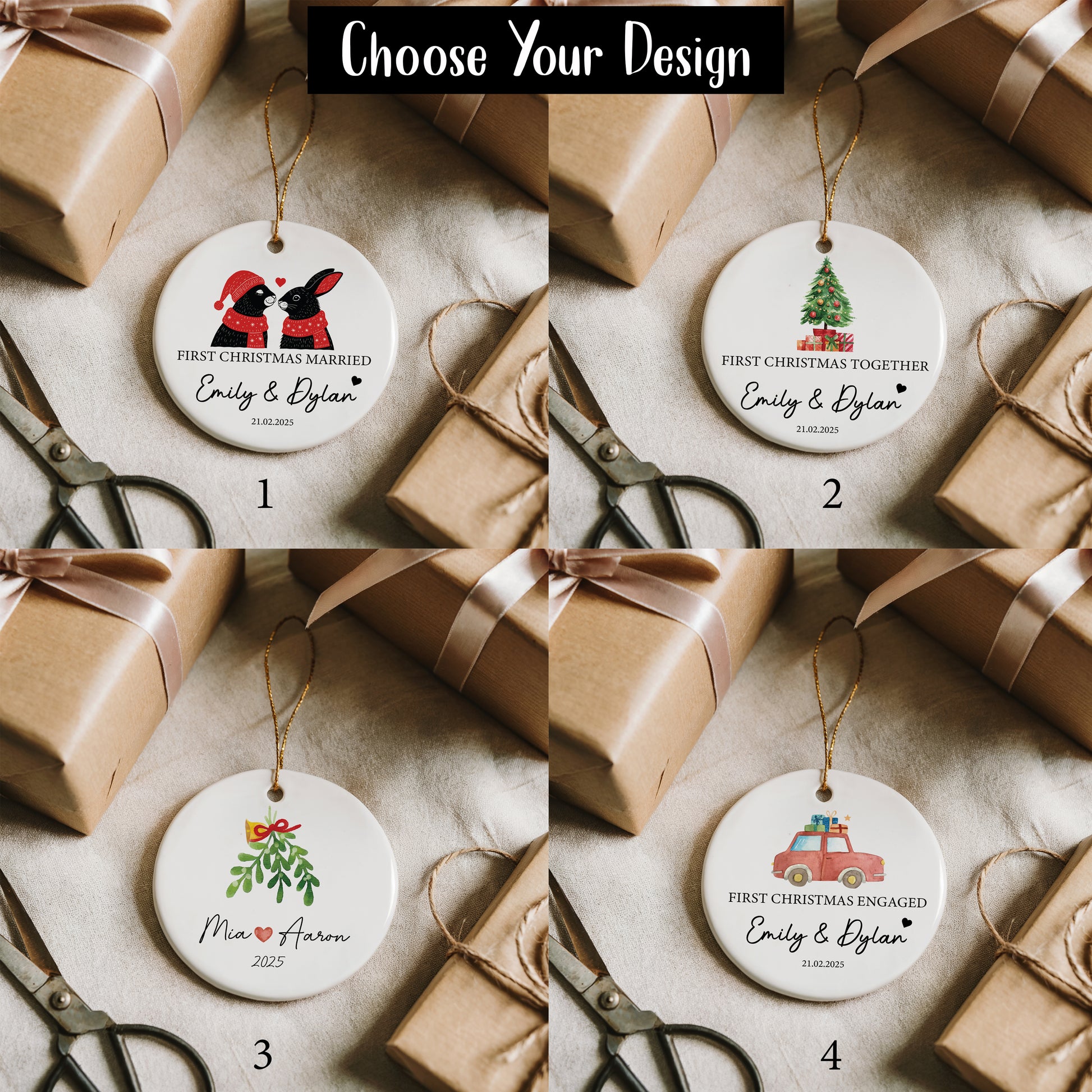 Couples Christmas Ornament, Romantic Ceramic Keepsake for New Year