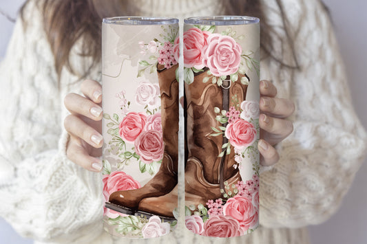 Floral Cowgirl, Vintage Boots, Cottage Core Rose Stainless Tumbler