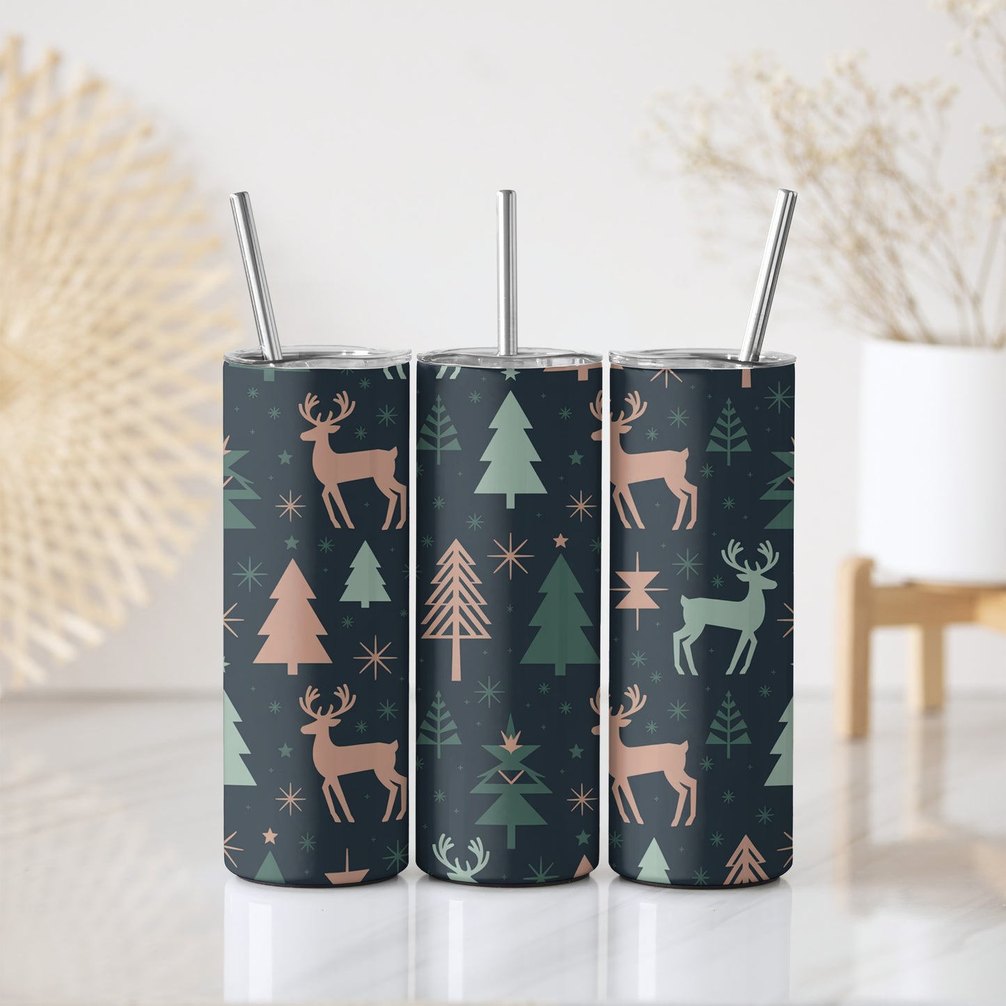 Cozy Christmas Stainless Steel Tumbler, Reindeer & Pine Tree Design