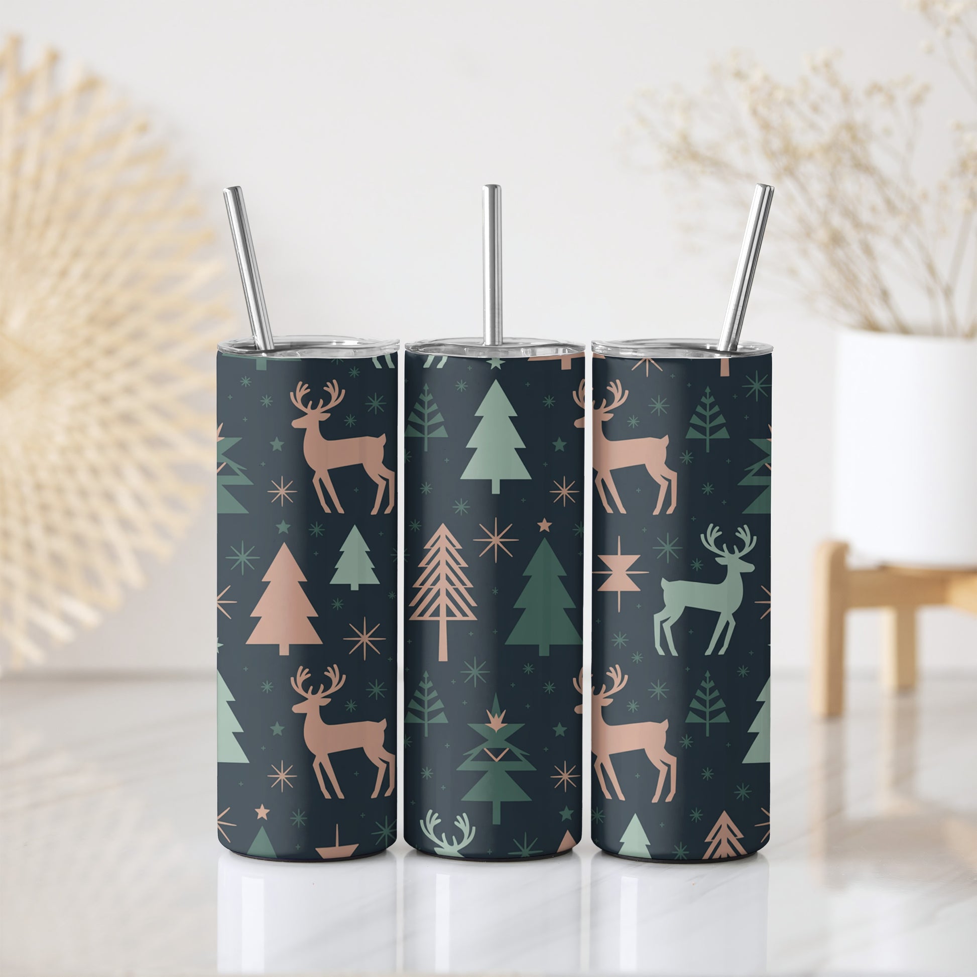 Cozy Christmas Stainless Steel Tumbler, Reindeer & Pine Tree Design