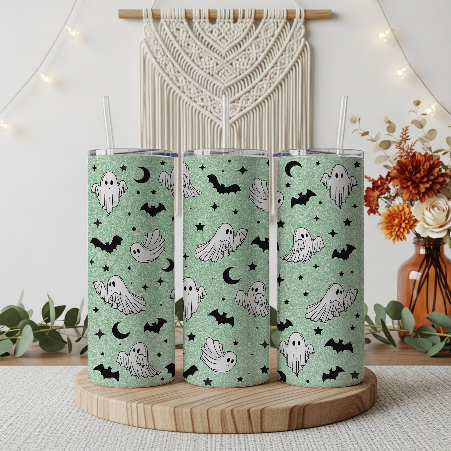 Whimsical Ghosts, Bats Stainless Steel Tumbler - Glittery Halloween Design