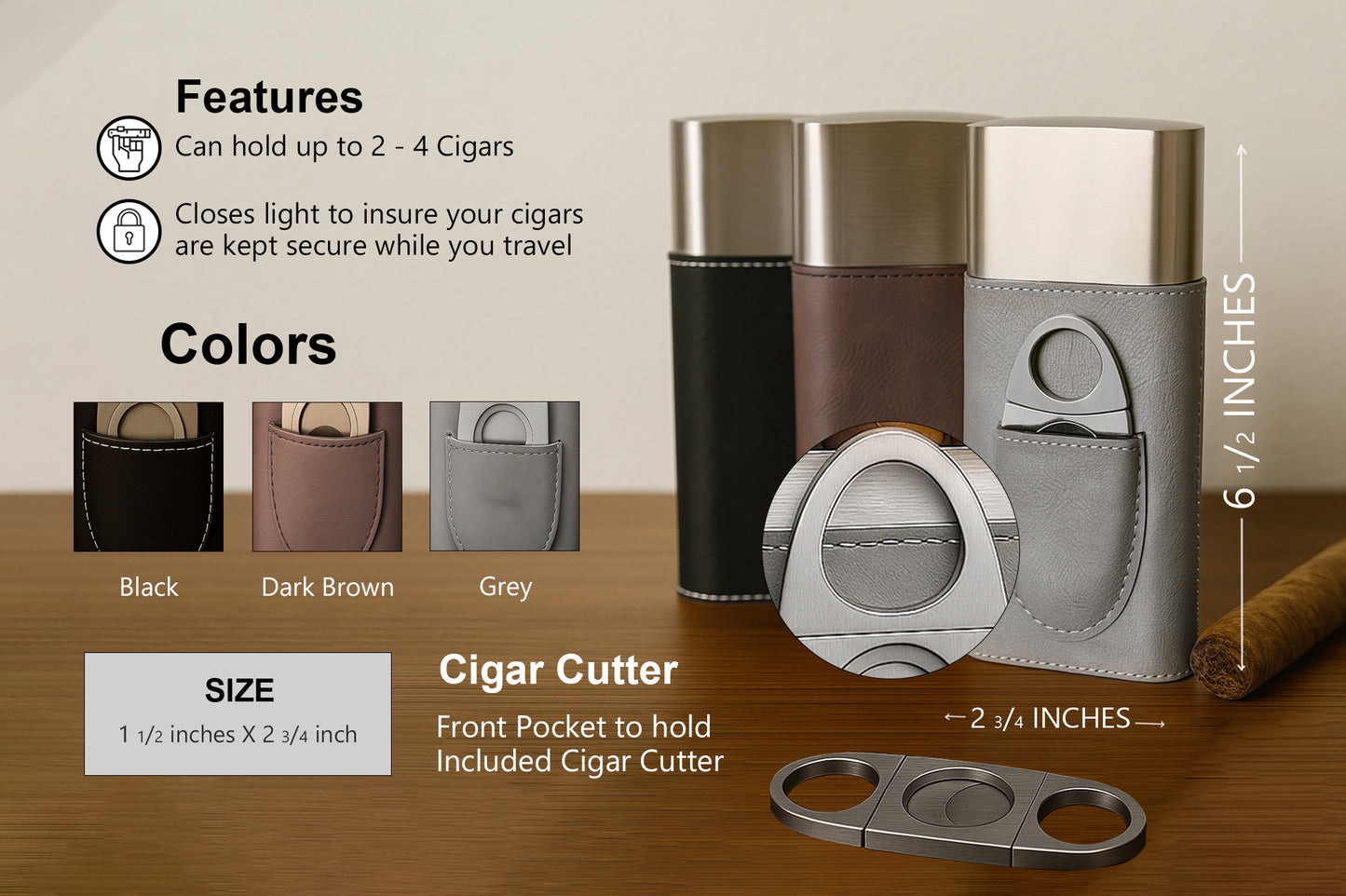 Custom Vegan Leather Cigar Case, Engraved Groomsmen Gift & Cutter