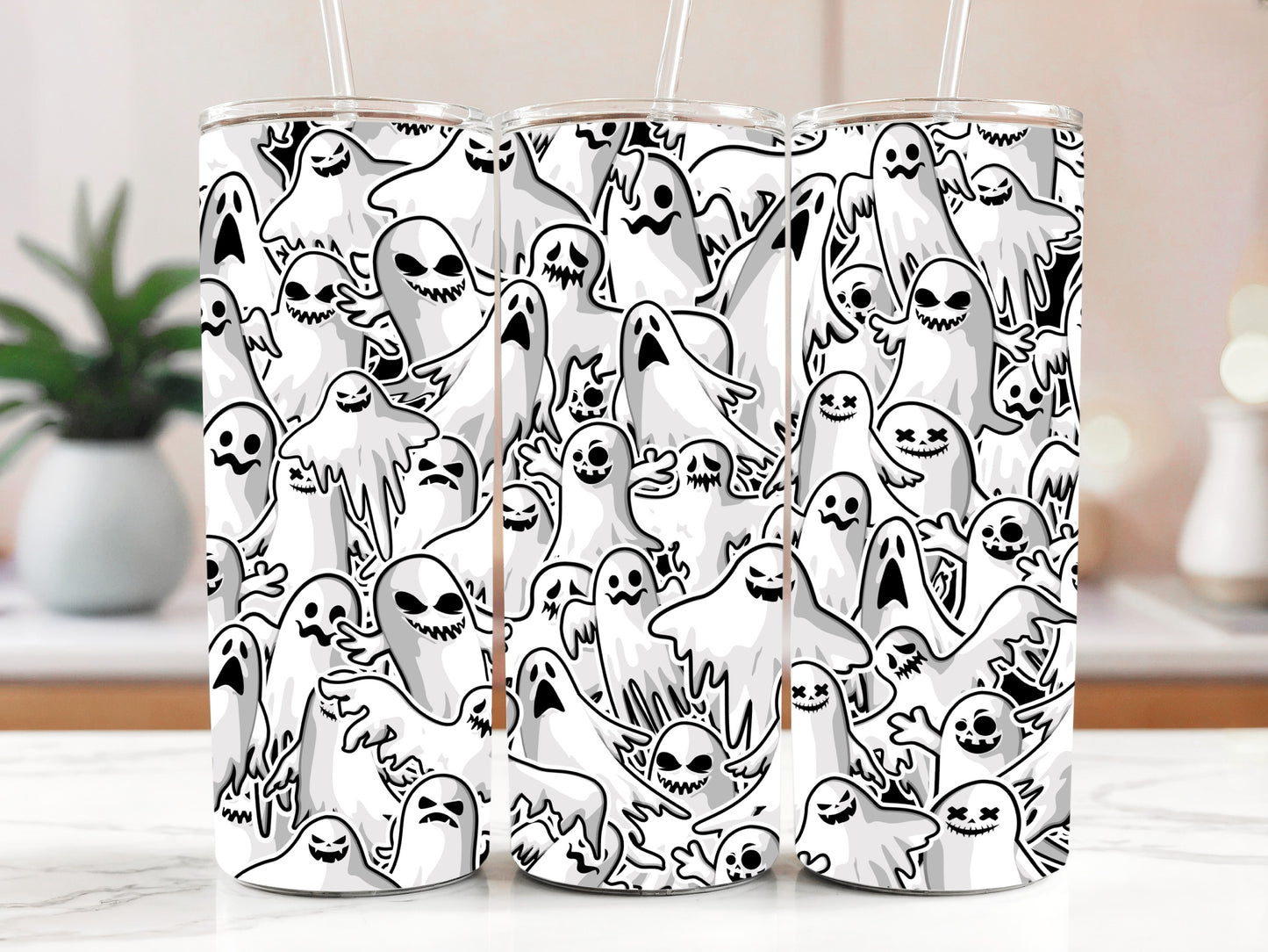 Spooky Ghost Pattern Stainless Steel Tumbler, Creepy Doodle Design