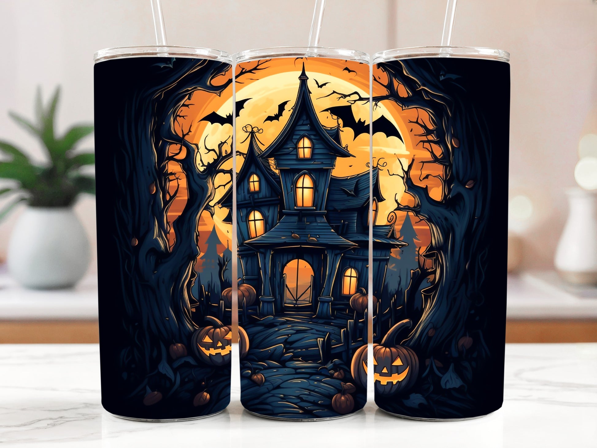 Spooky Woodland Mansion Insulated Tumbler, Vibrant Colors for Halloween