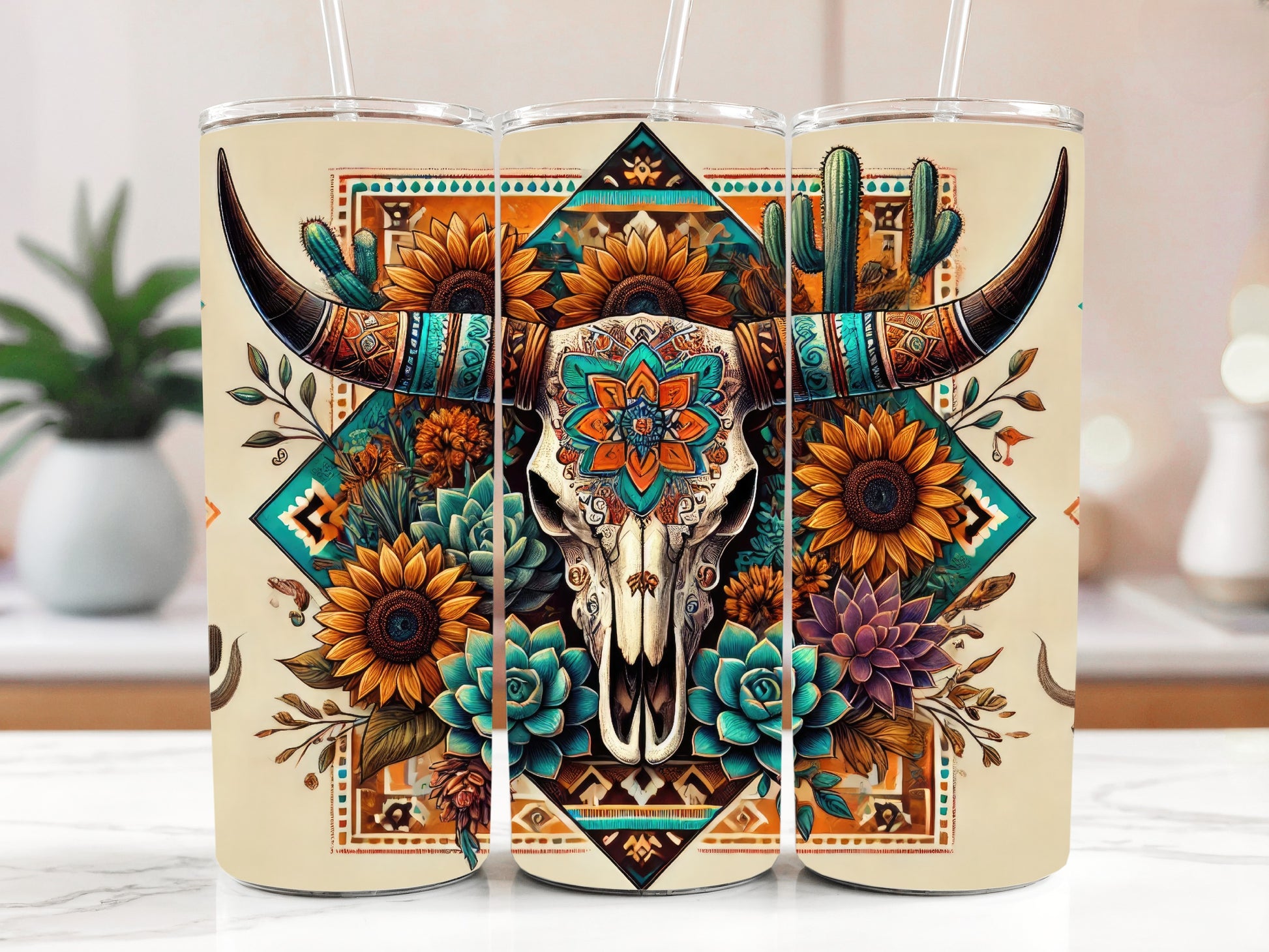 Boho Cow Skull Theme Stainless Steel Tumbler, Western Longhorn Insulated Bottle