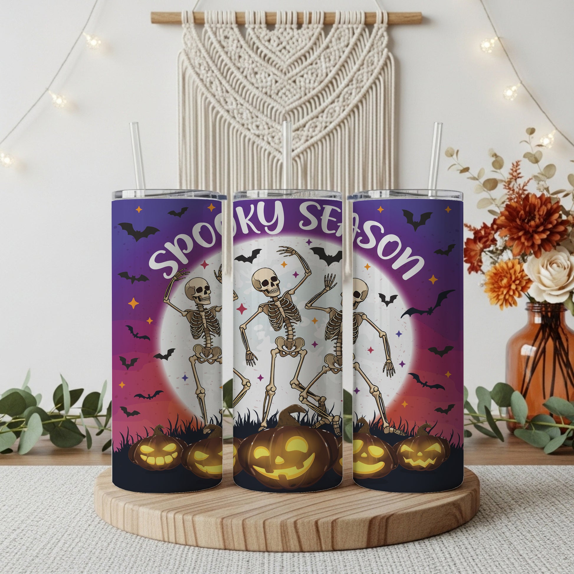 Spooky Skeleton Design Tumbler, Jack-O-Lantern Field Theme Halloween Coffee Cup