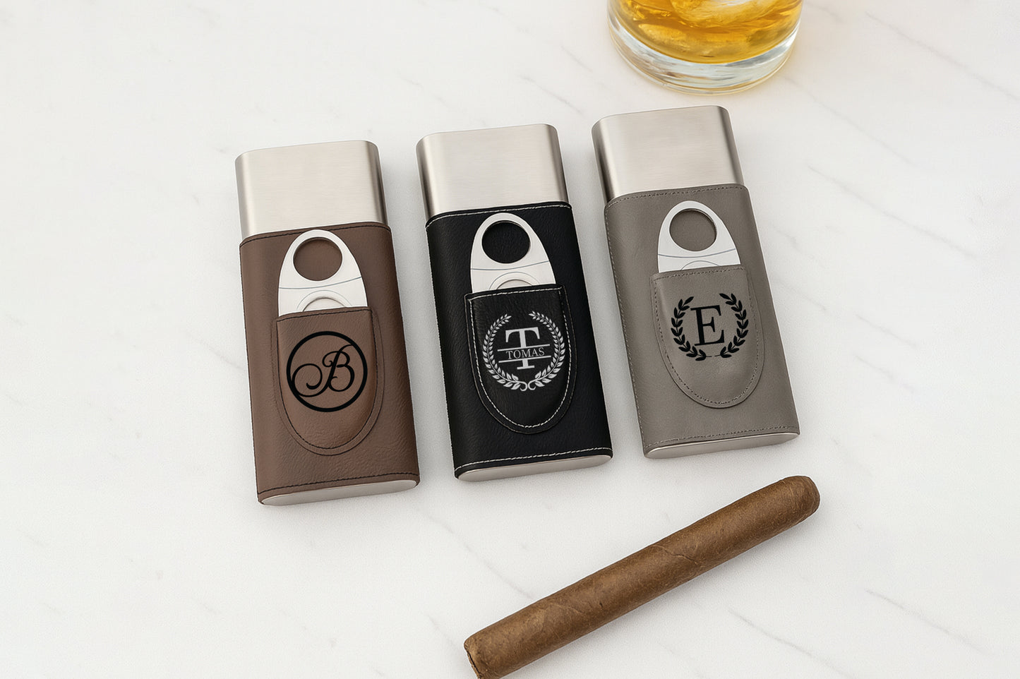 Personalized Vegan Leather Cigar Case with Cutter, Ideal Gift for Him