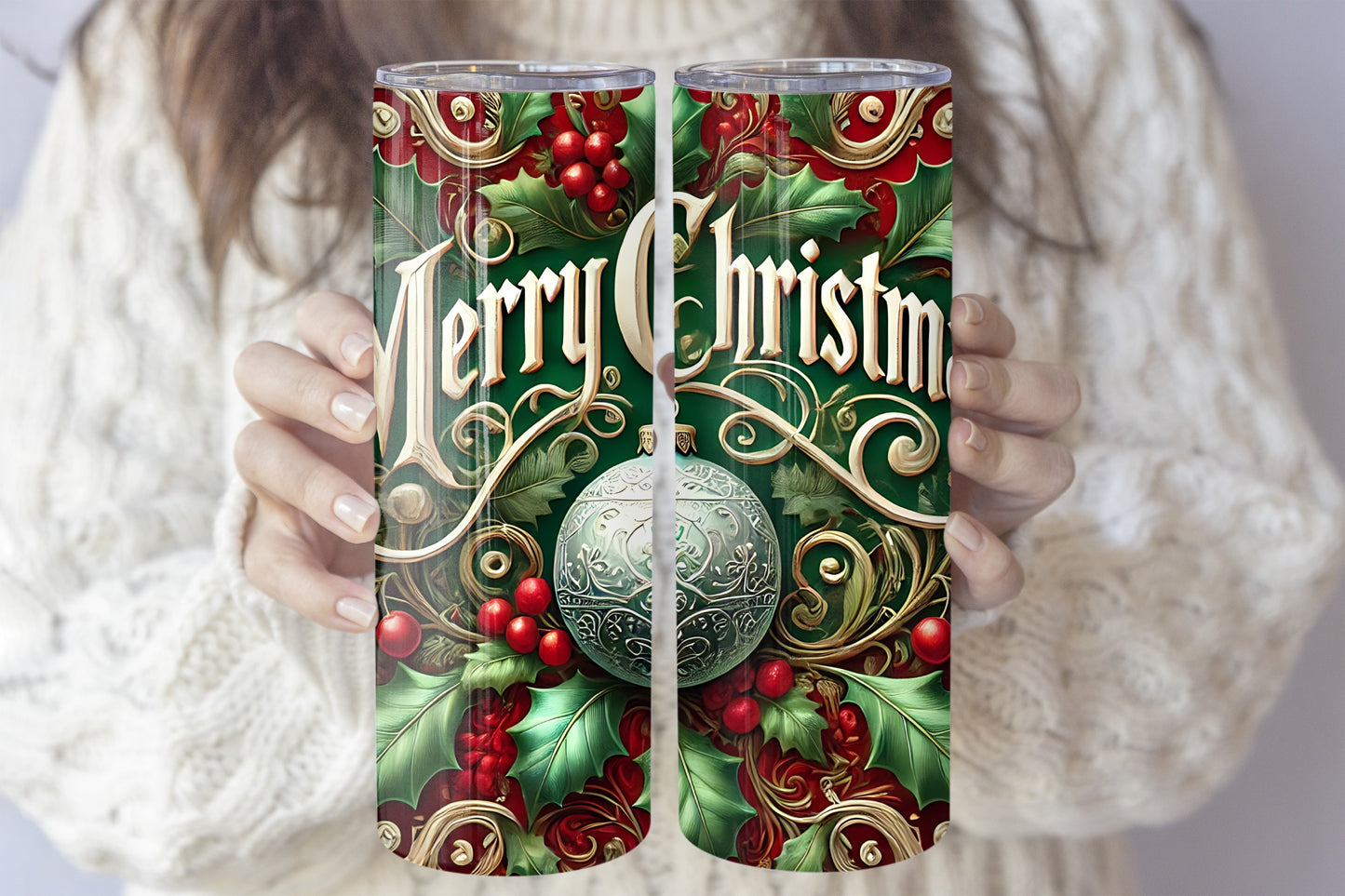 Xmas Ball Ornament & Mistletoe Print Tumbler with Straw