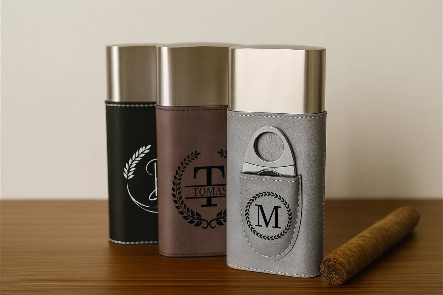 Personalized Vegan Leather Cigar Case with Cutter, Ideal Gift for Him