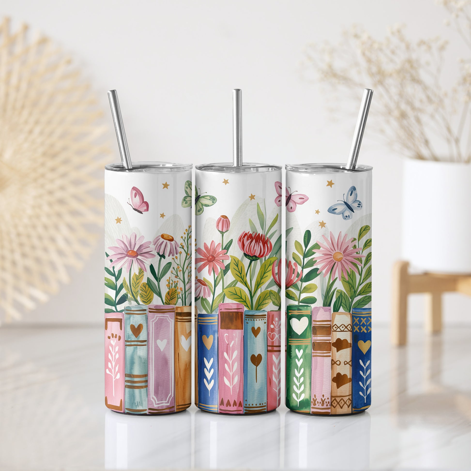 Floral, Butterfly, Hearts Design - Insulated Tumbler for Book Lovers