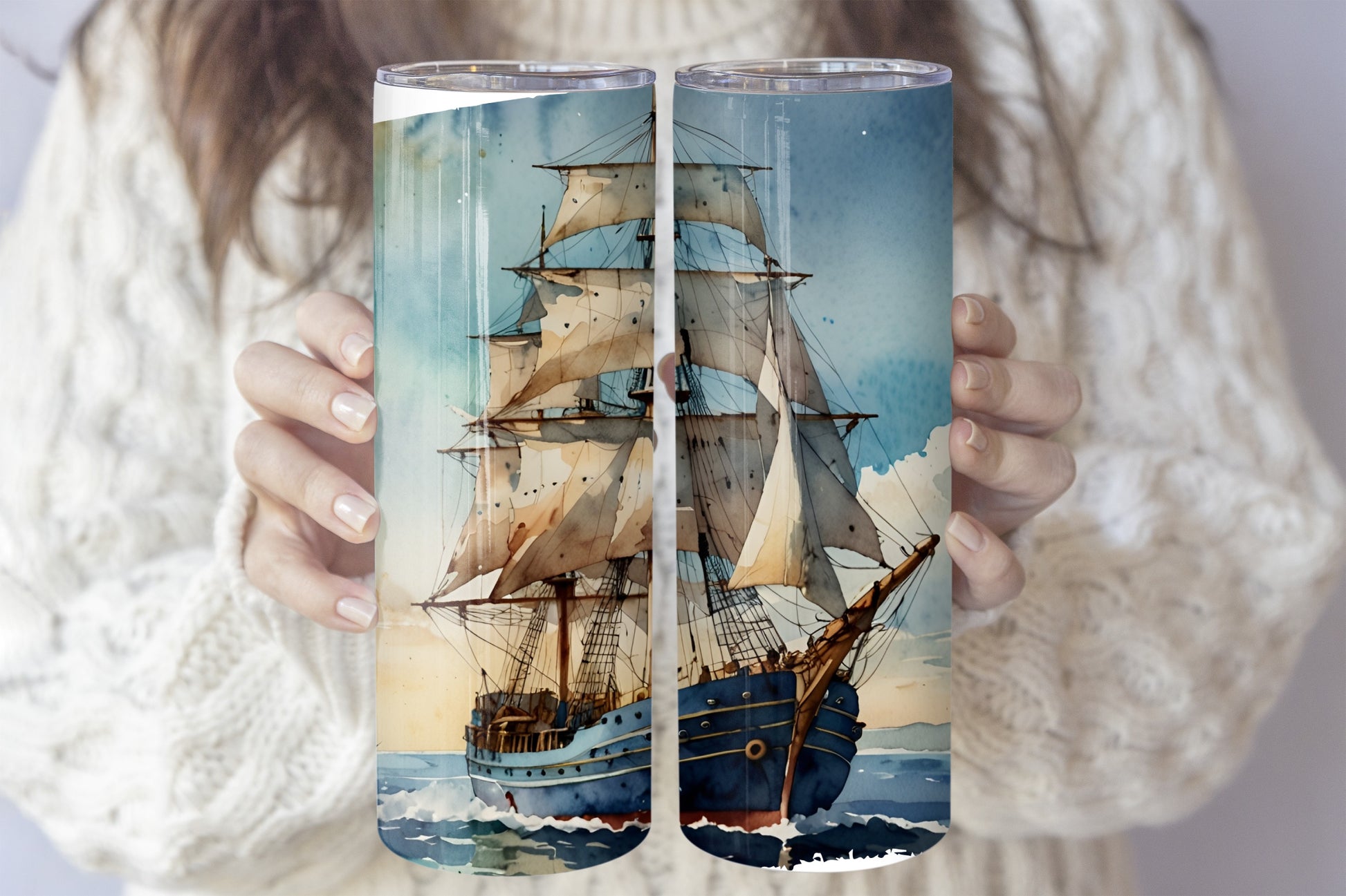 Pirate Ship Sunset Tumbler, Sailor's Stainless Water Bottle Set