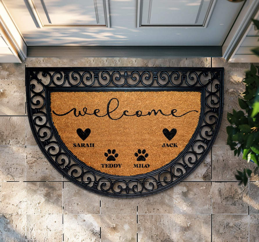 Custom Family & Pet Name Doormat, Paw Print Welcome Mat