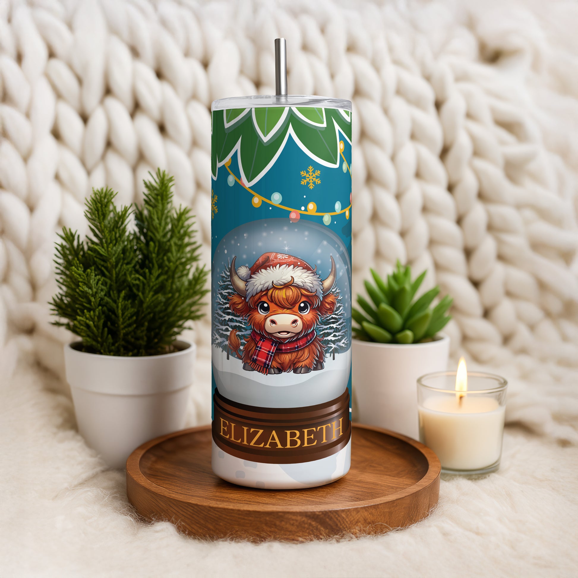 Festive Highland Cow Tumbler: Holiday Cheers with Snowman, Tree Motif