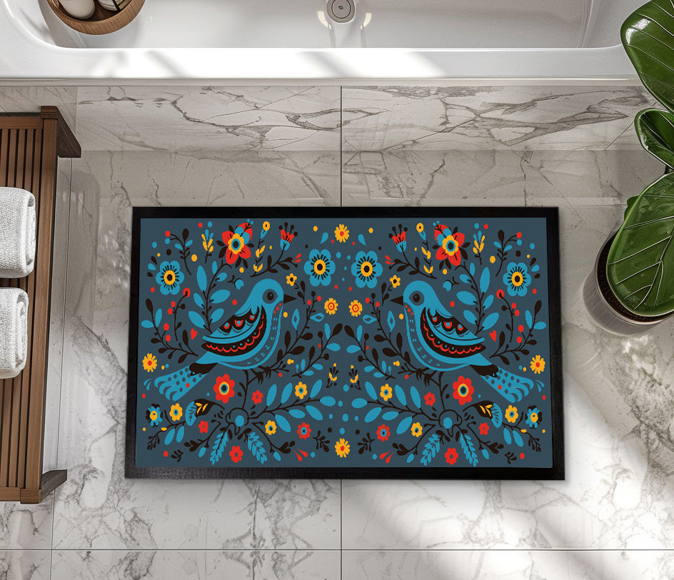 Bohemian Bird & Flower Doormat, Cottagecore Artistic Welcome Mat