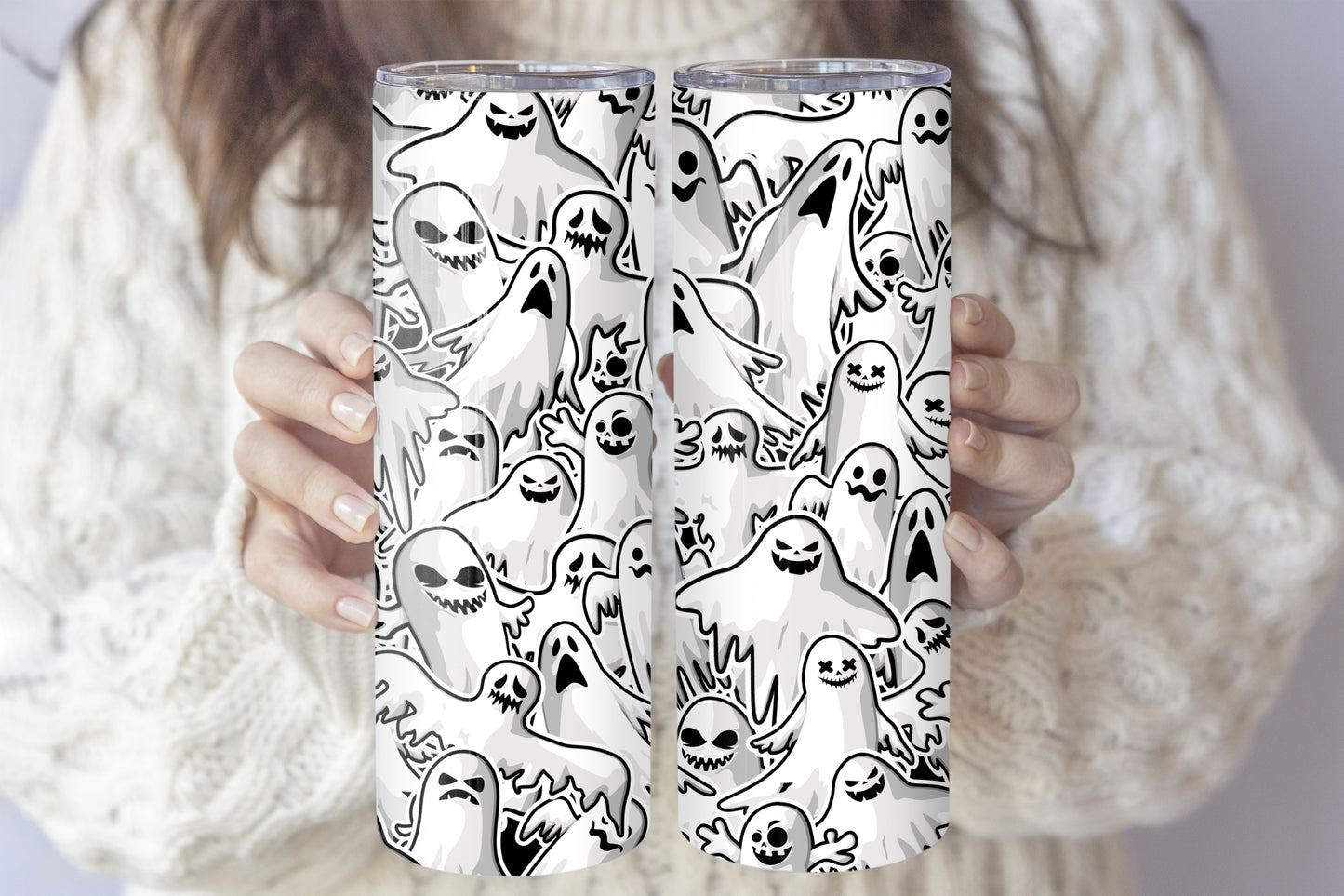 Spooky Ghost Pattern Stainless Steel Tumbler, Creepy Doodle Design