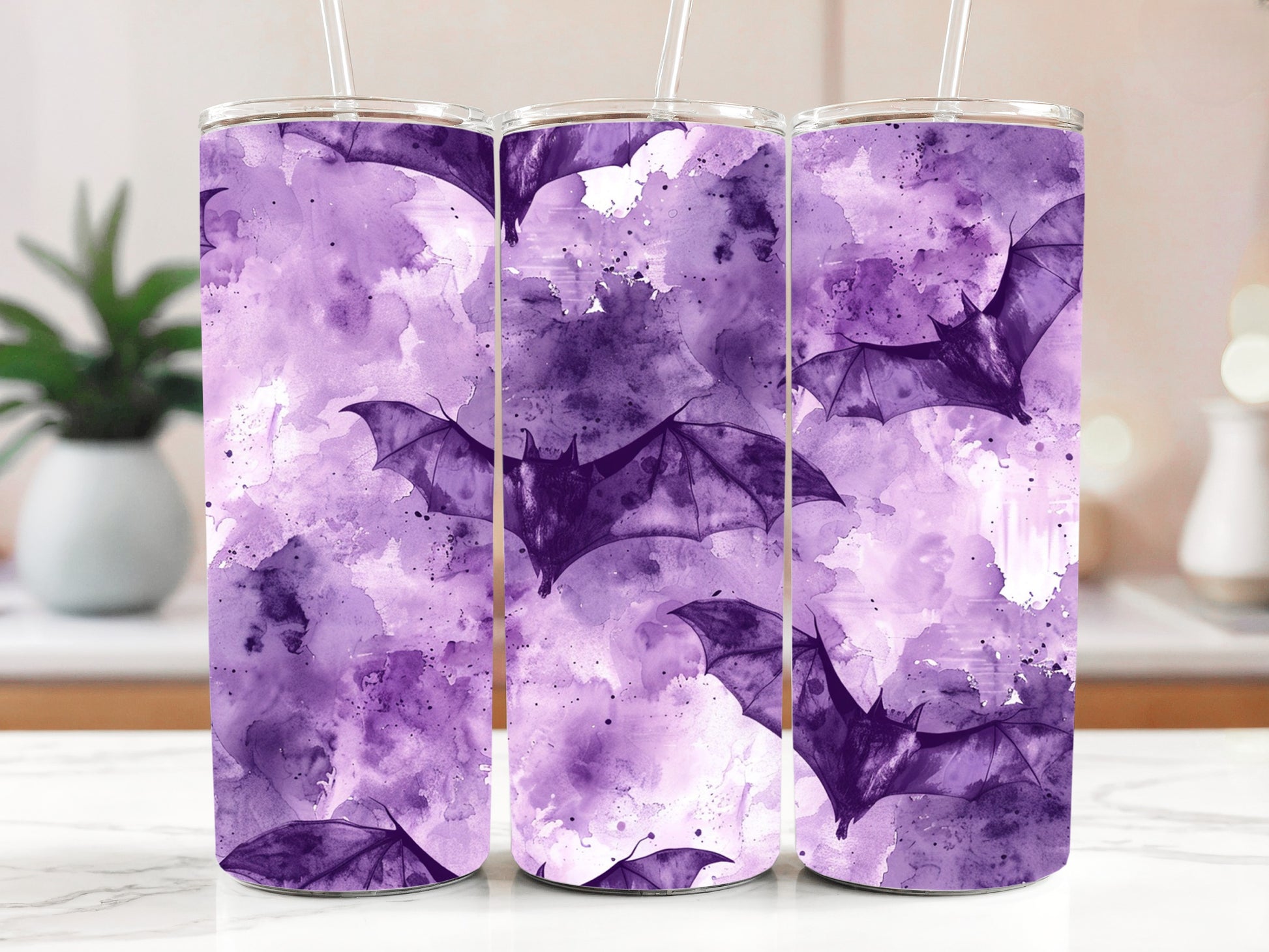 Purple Watercolor Bat Design Coffee Tumbler, Aesthetic Halloween Insulated Goth Cup