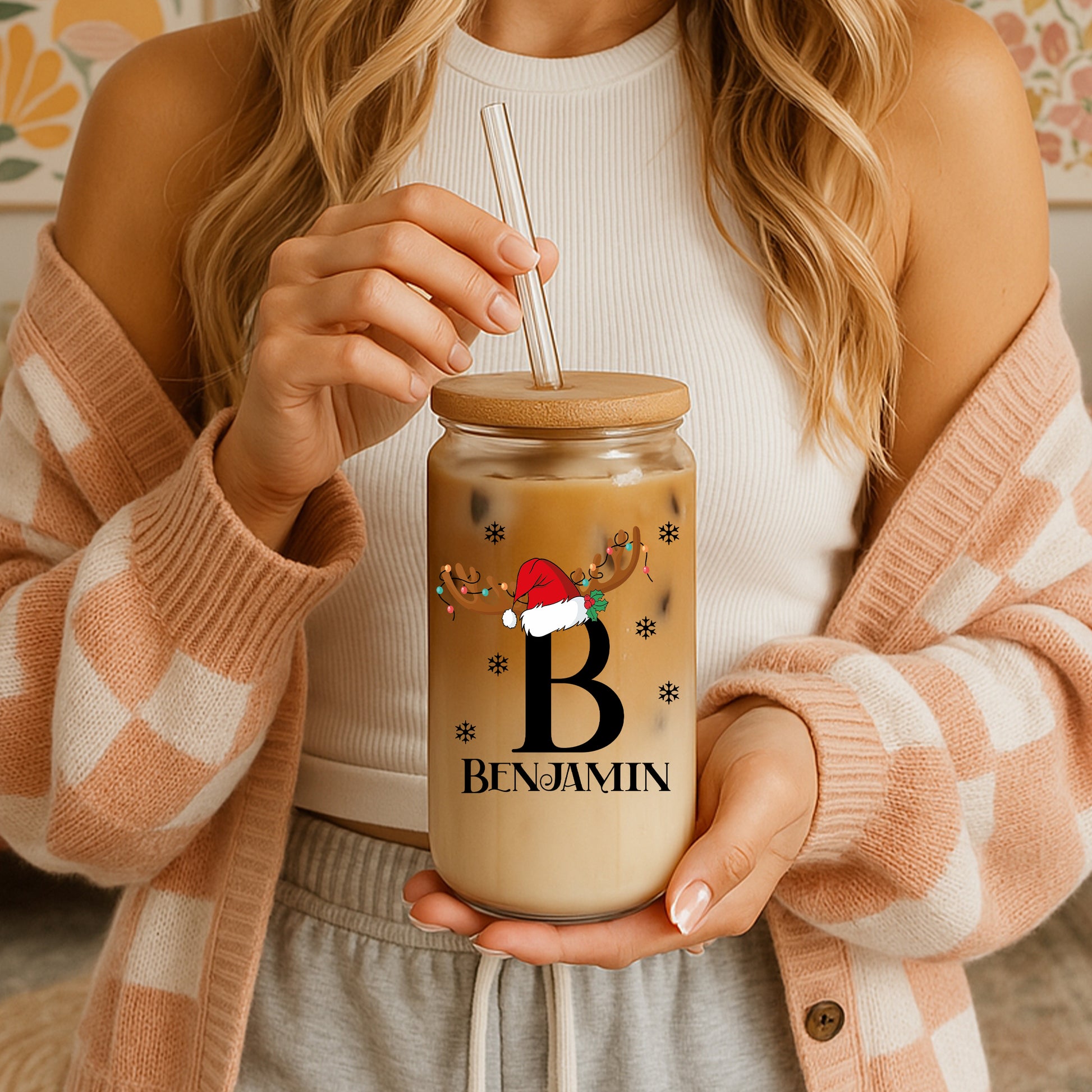 Personalized Santa Hat Can Glass Tumbler, Monogrammed Christmas Coffee Cup