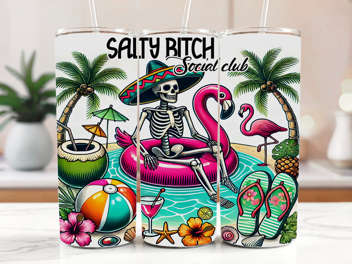 Summer Vibes Skeleton Holiday Tumbler, Funny Beach Skeleton Flamingo Mug