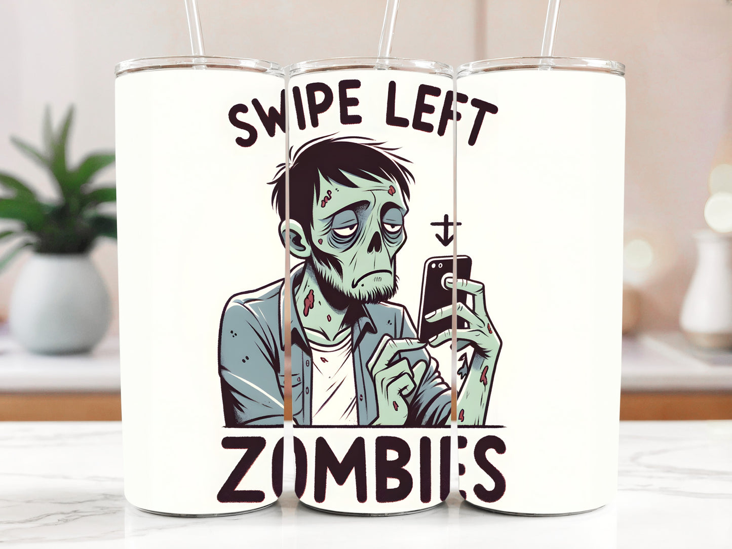 Swipe Left Zombies Tumbler: Halloween Humor Insulated Steel Sarcasm Cup.