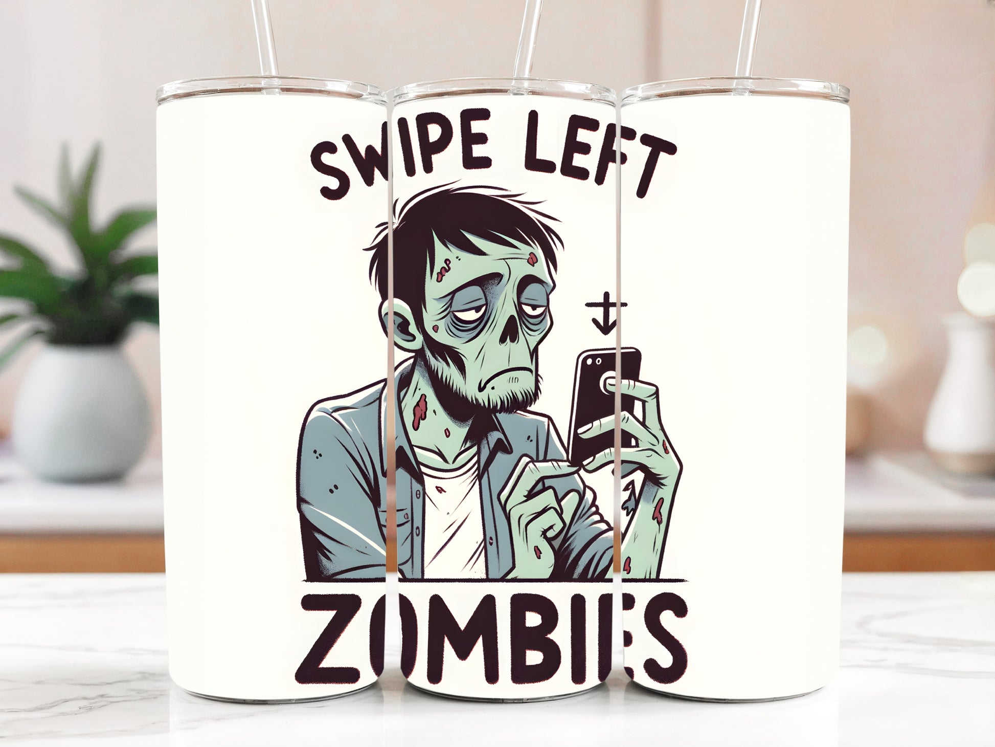 Swipe Left Zombies Tumbler: Halloween Humor Insulated Steel Sarcasm Cup.