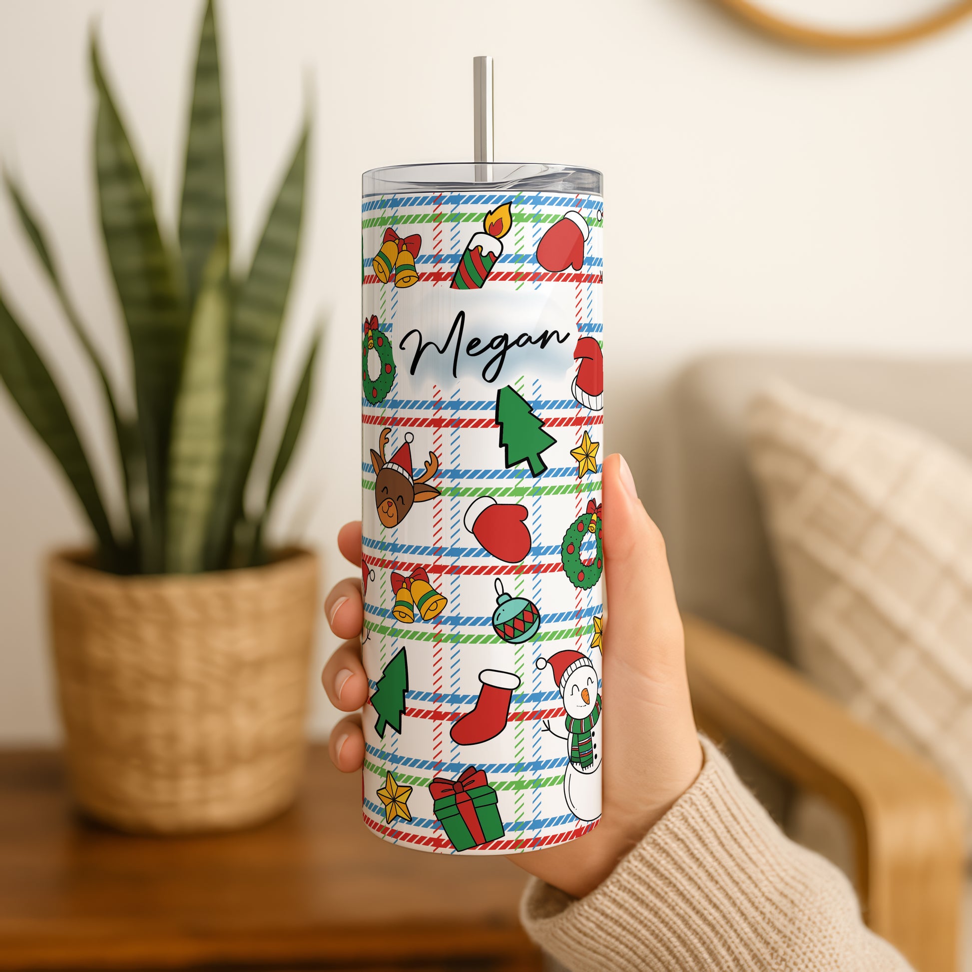 Personalized Christmas Tree Tumbler Set, Matching Stocking Stuffer and Gift