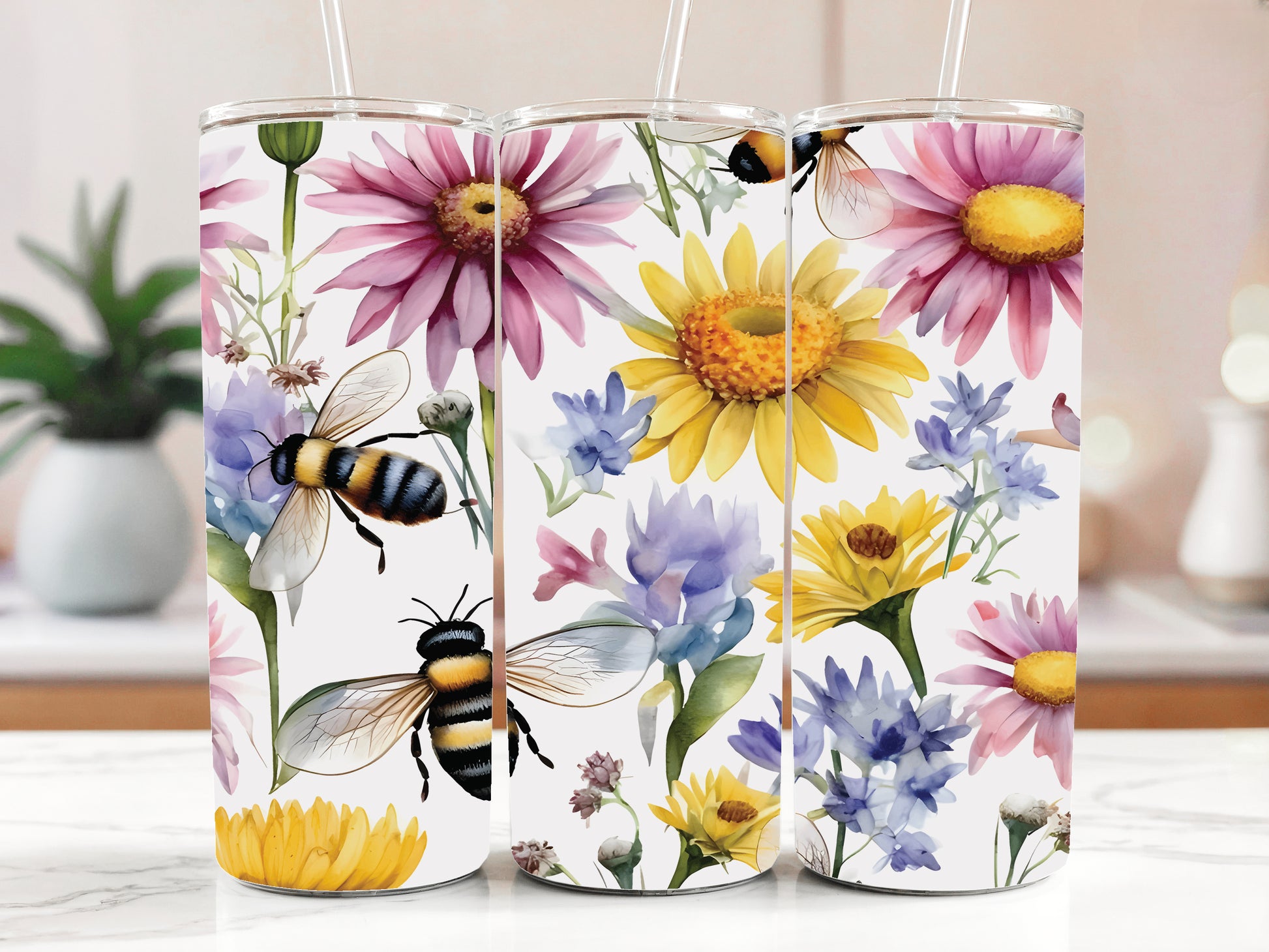 Wildflower and Honeybee Tumbler, Stainless Steel Nature Lover Travel Mug